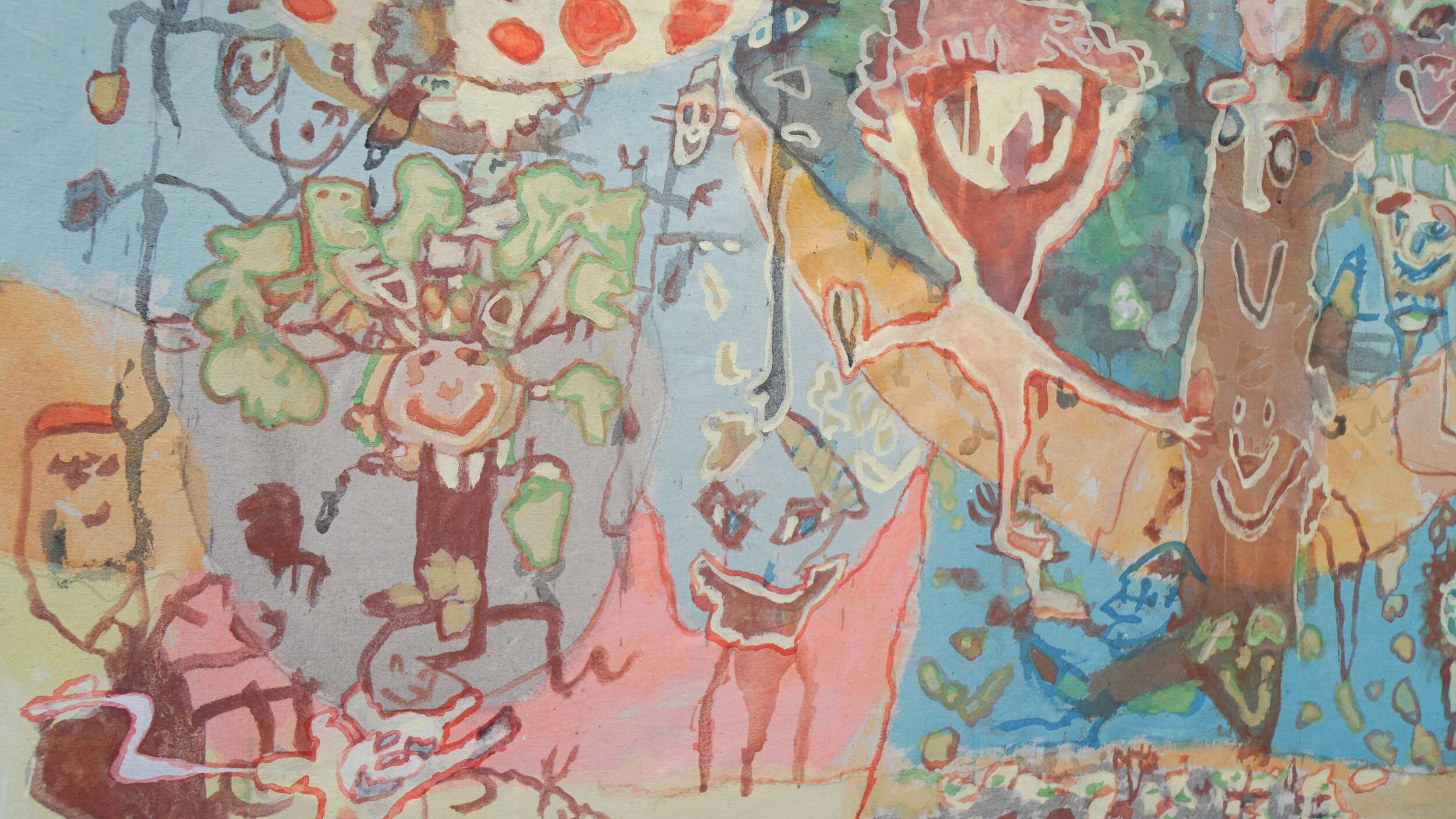  Ross Simonini   The Sunders , 2020 (detail) Watercolor, tempera, wax crayon, and graphite on muslin  35 x 35 inches 