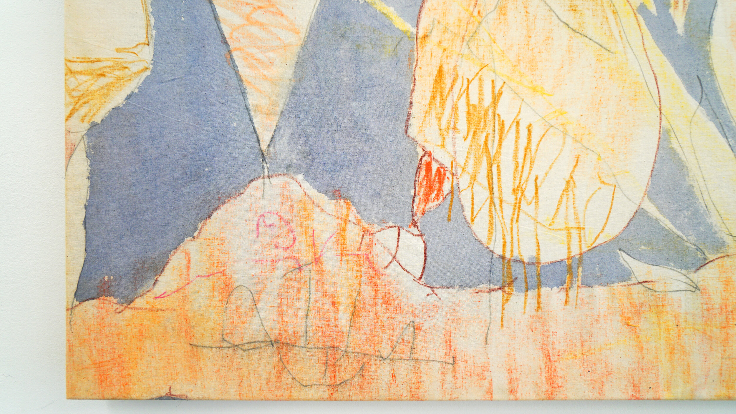  Ross Simonini   The Sures , 2020 (detail) Watercolor, tempera, wax crayon, and graphite on muslin  24 x 60 inches 
