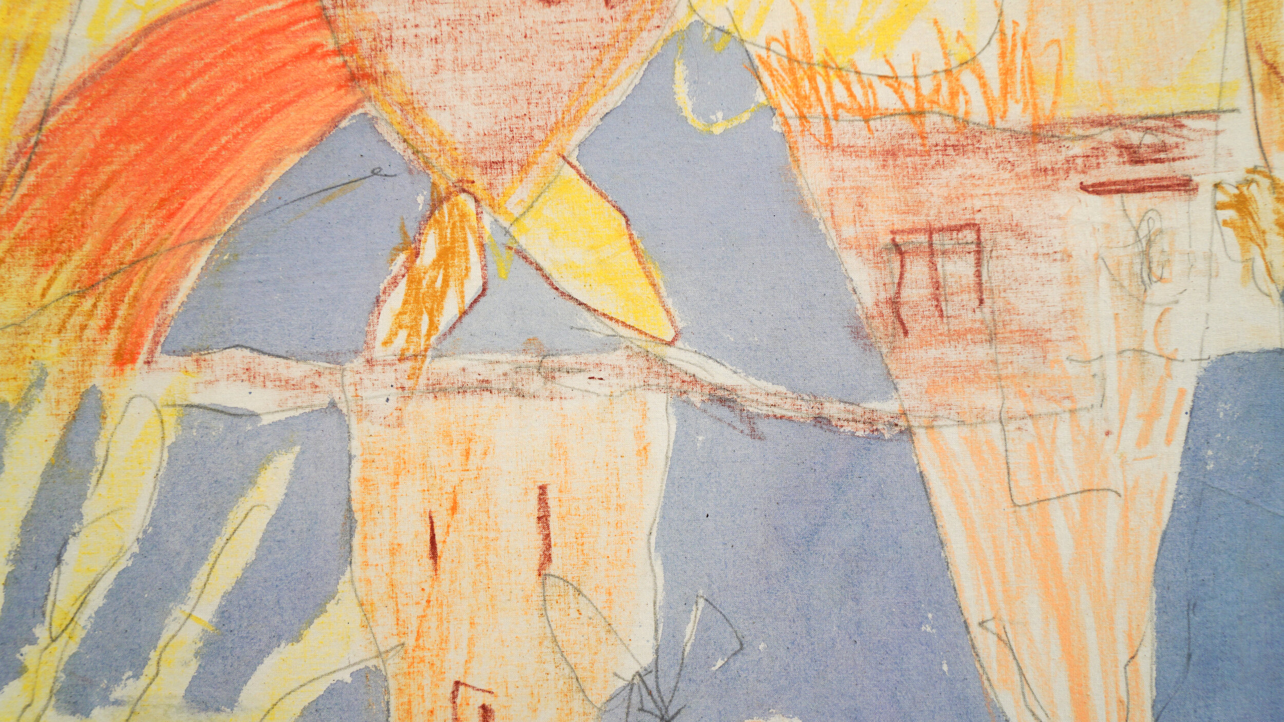  Ross Simonini   The Sures , 2020 (detail) Watercolor, tempera, wax crayon, and graphite on muslin  24 x 60 inches 