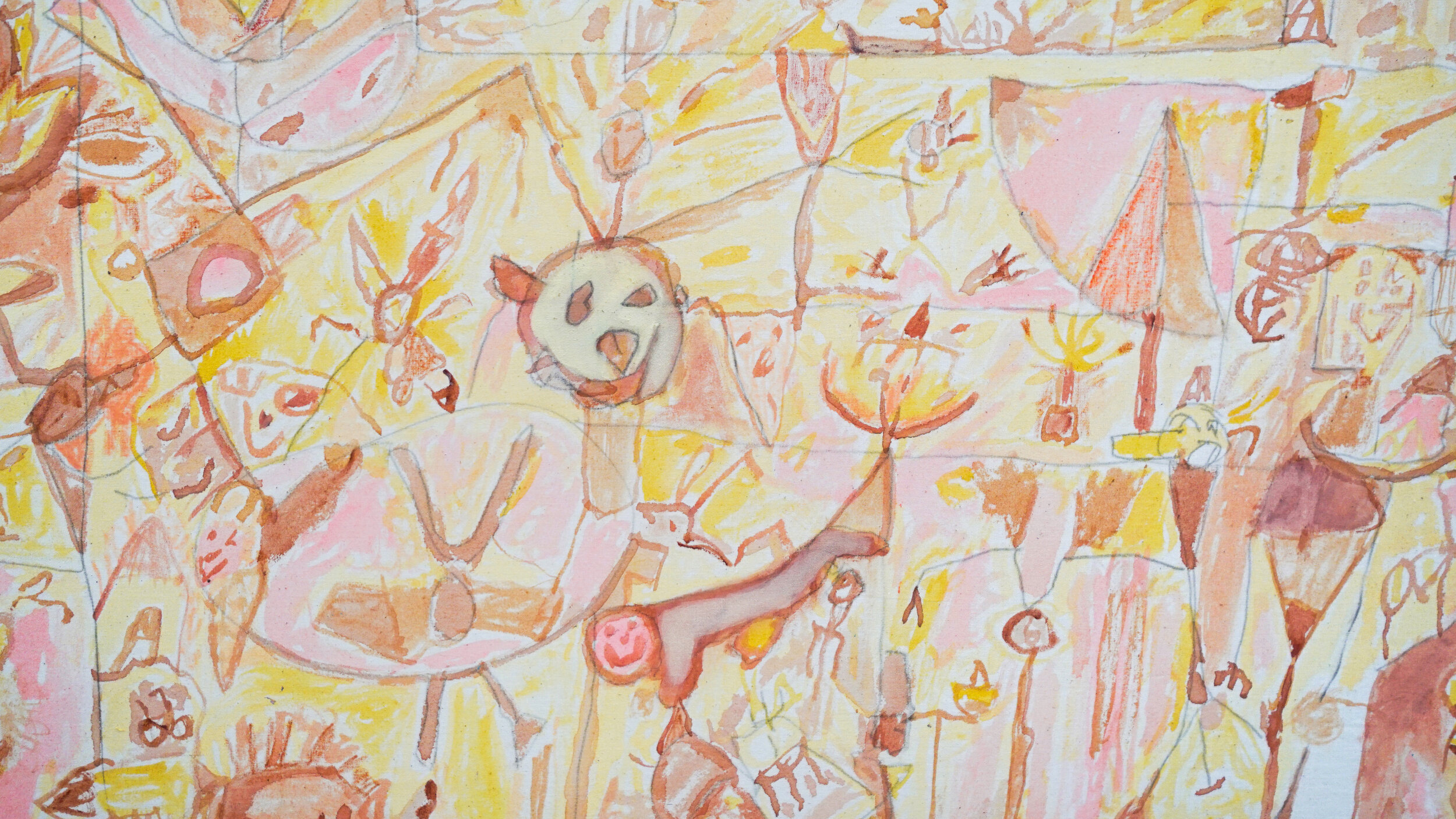  Ross Simonini   The Unders , 2020 (detail) Watercolor, tempera, wax crayon, and graphite on muslin  95 x 44.5 inches 