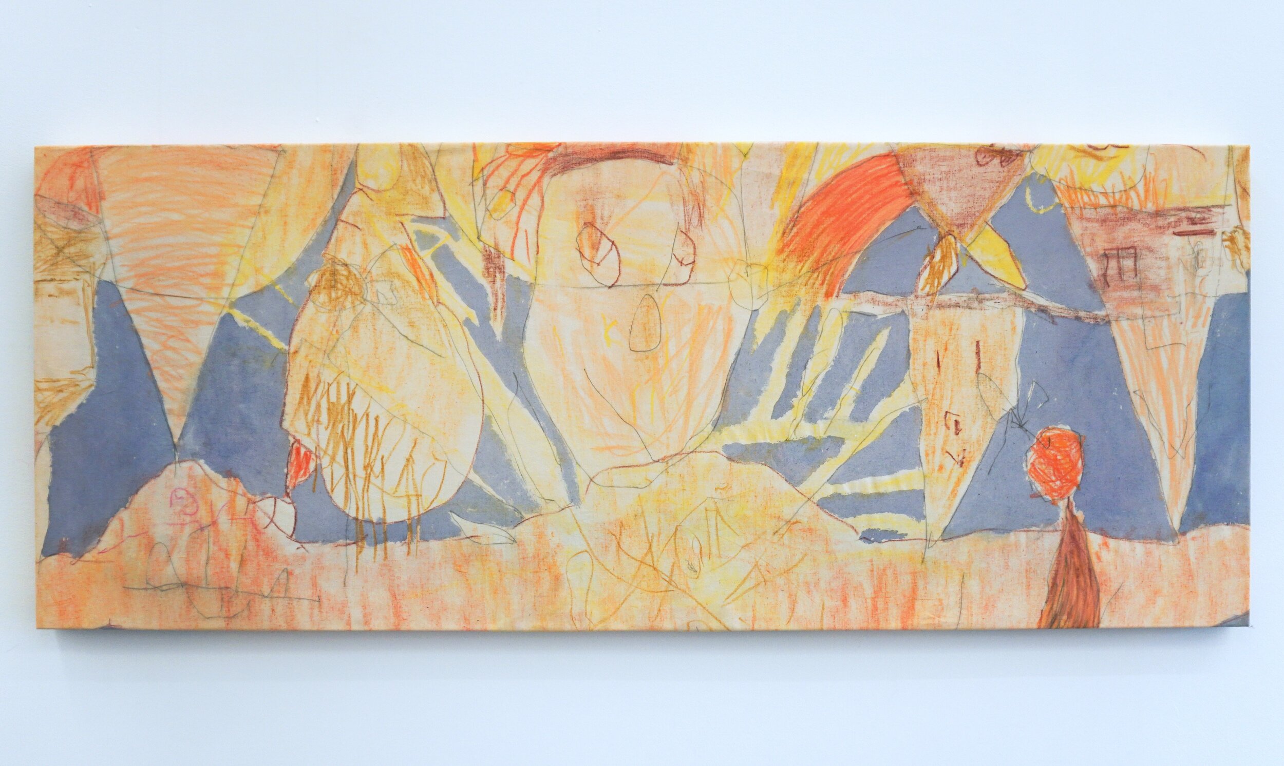  Ross Simonini   The Sures , 2020  Watercolor, tempera, wax crayon, and graphite on muslin  24 x 60 inches 