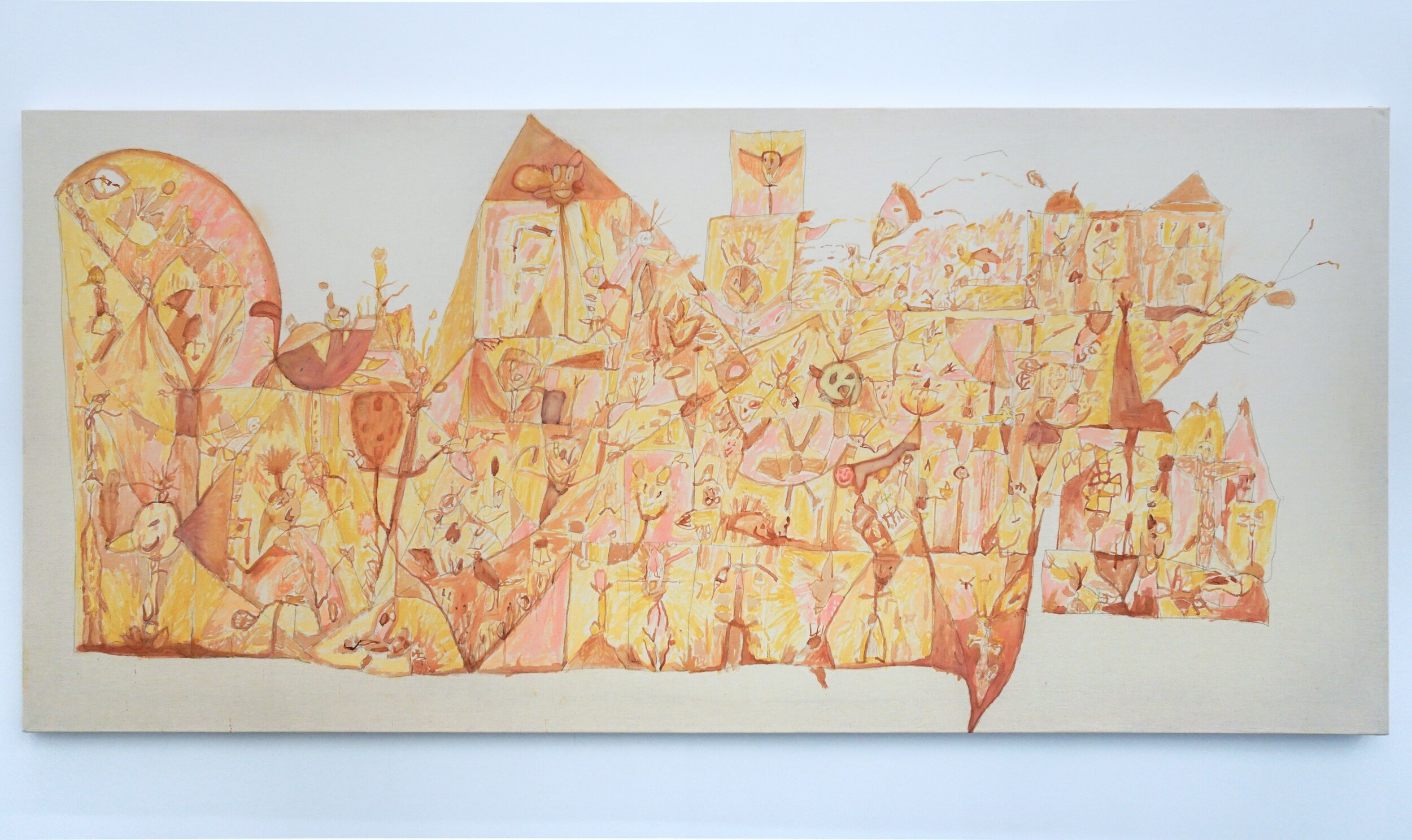  Ross Simonini   The Unders , 2020  Watercolor, tempera, wax crayon, and graphite on muslin  95 x 44.5 inches 