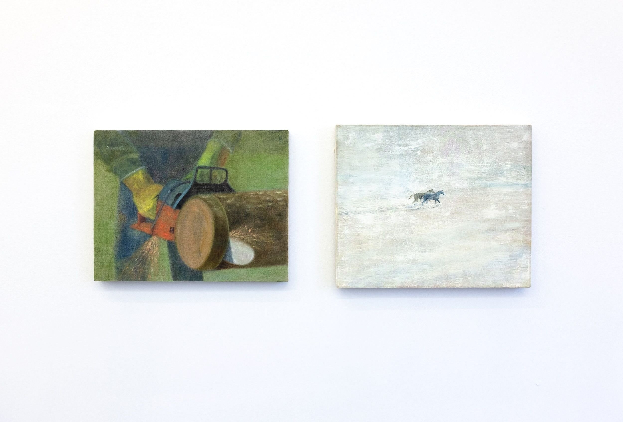  Left: Katelyn Eichwald  Chainsaw , 2020 Oil on linen 18 x 14 inches  Right:  Two Horses , 2020 Oil on linen 18 x 15 inches 