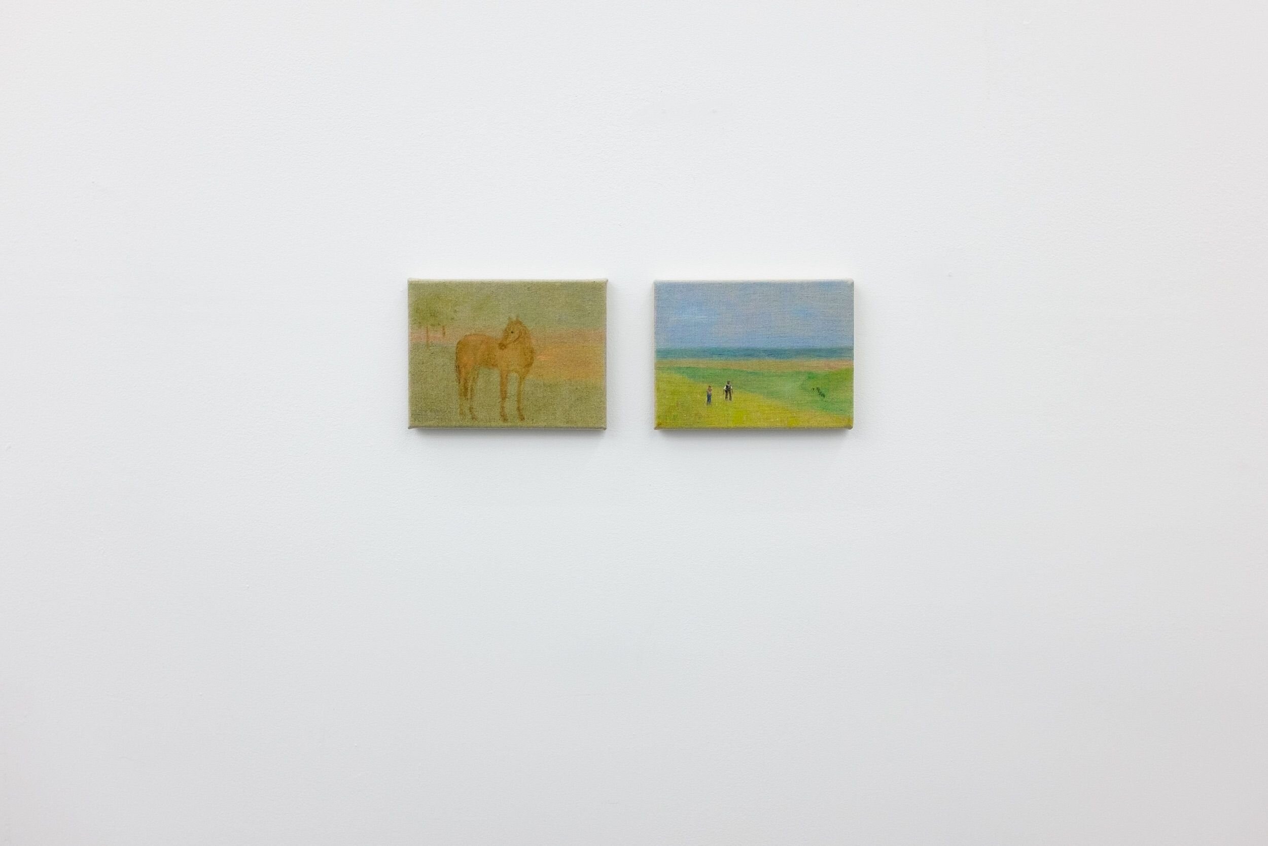Katelyn Eichwald, 'Quarter Horse' (l) &amp; 'Spring' (r), both 2020, oil on linen, 6 x 8 in.