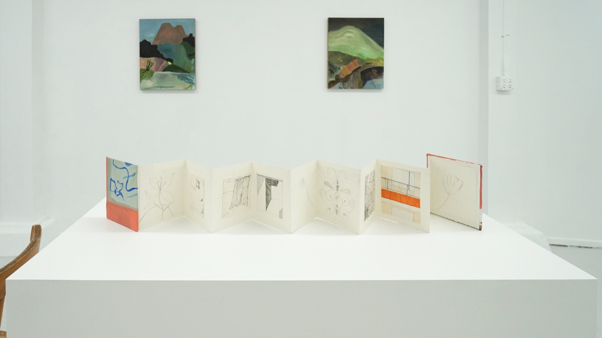 installation view,  Justine Rivas 'The Lake', 2021  Linen, oil, pencil, paper, hinging tape  6 x 5.5 inches (closed)