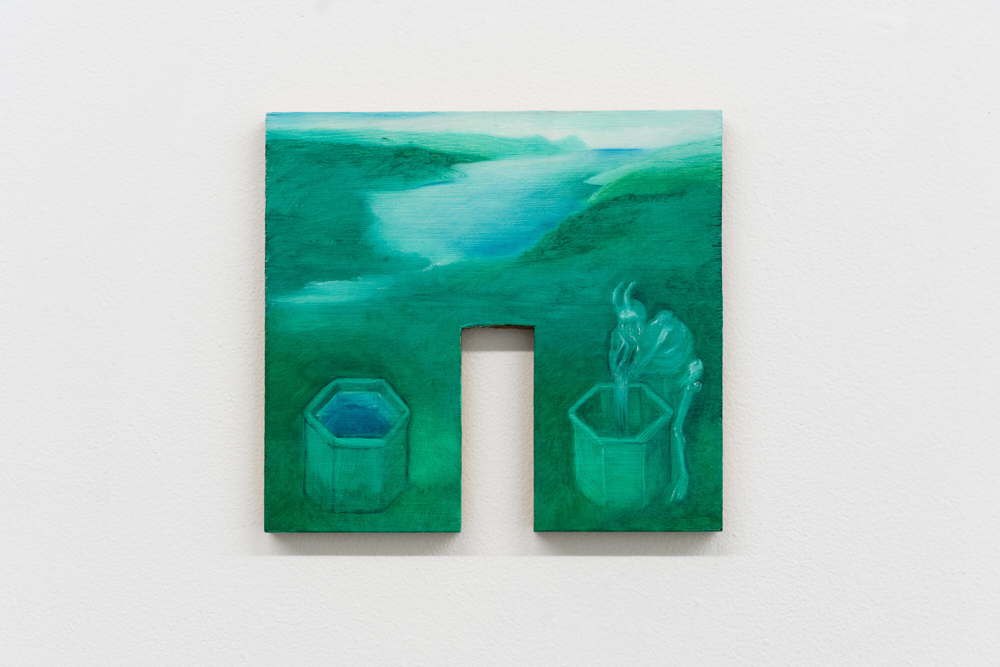 Brook Hsu, landscape with skeleton and reflecting pool, 2019, Oil on wood. 10 x 9 1/2 in