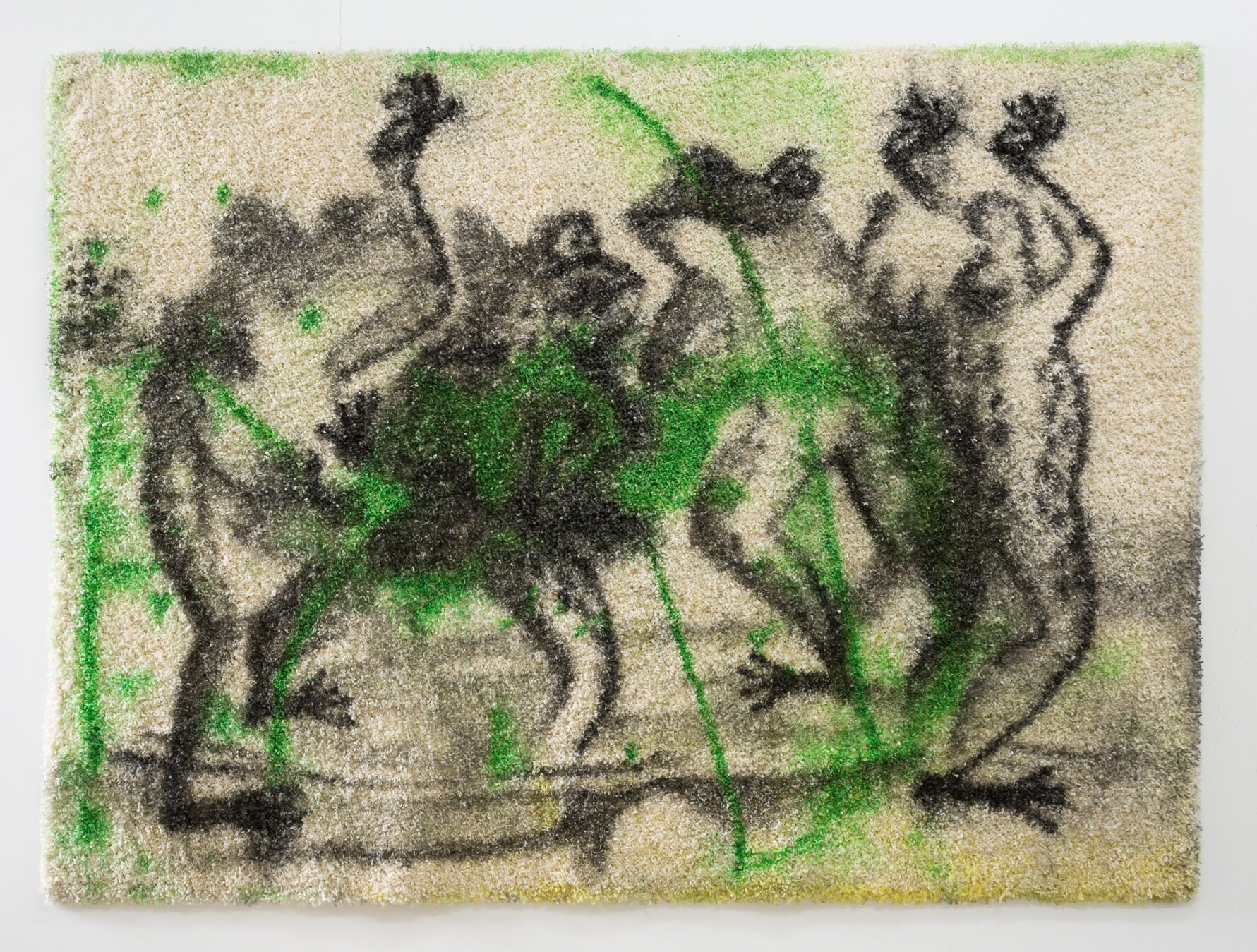 Brook Hsu, We can go and leave the cats to read Shakespeare, 2019, Ink and acrylic on carpet. 60 x 84 in 152.4 x 213.4 cm