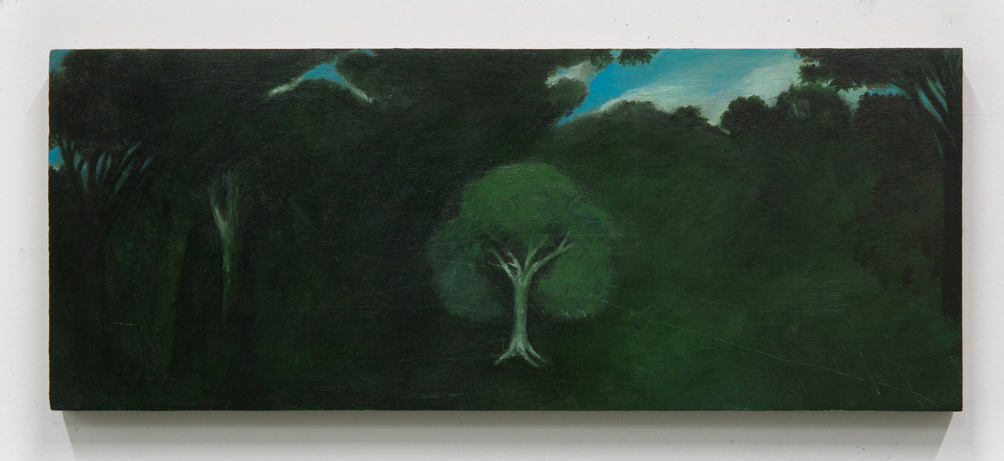 Brook Hsu, Tree in a landscape, 2020, Oil on wood. 5 1/2 x 14 in 14 x 35.6 cm