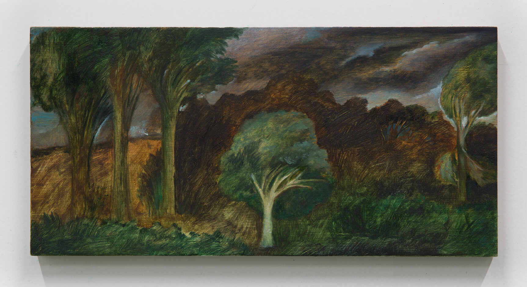 Brook Hsu, Tree in a landscape, 2020, Oil on wood. 5 1/2 x 11 1/2 in 14 x 29.2 cm