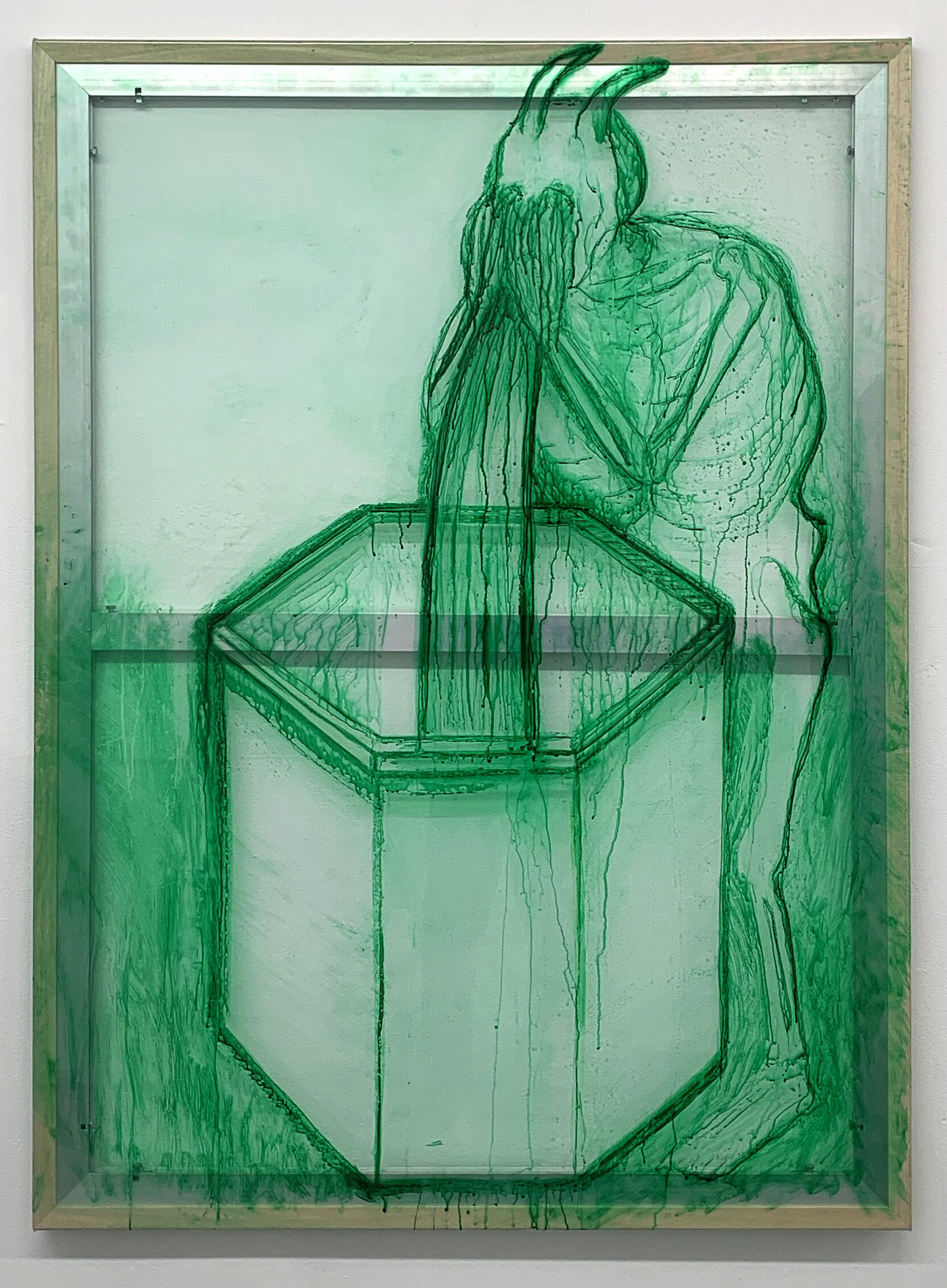 Brook Hsu, skeleton cry-vomiting into its reflection, 2019, Shellac ink on pvc vinyl. 52 x 38 in 132.1 x 96.5 cm