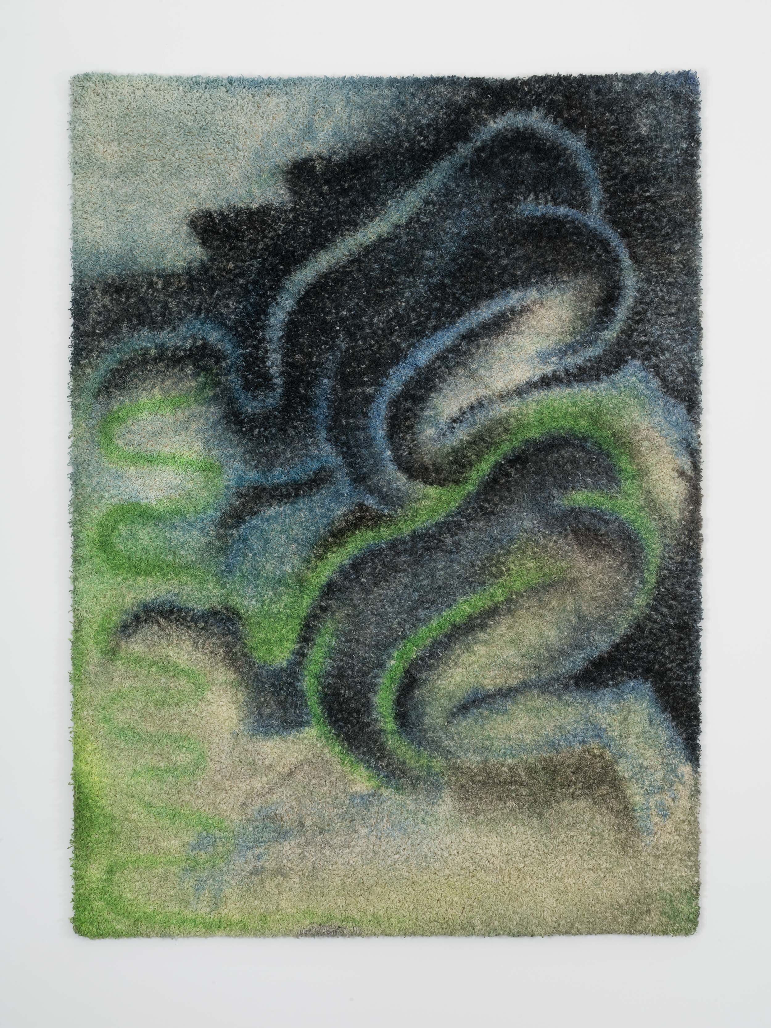 Brook Hsu, grasshopper, 2018, Dye, ink and acrylic on carpet. 60 x 84 in 152.4 x 213.4 cm