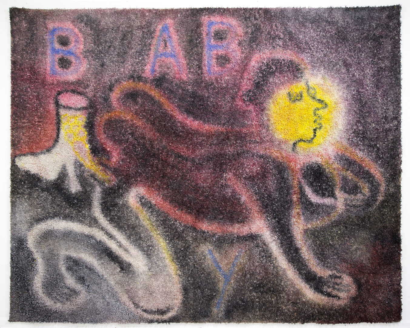 Brook Hsu, Baby, 2016 Ink, dye and acrylic on carpet. 96 x 120 in 243.8 x 304.8 cm