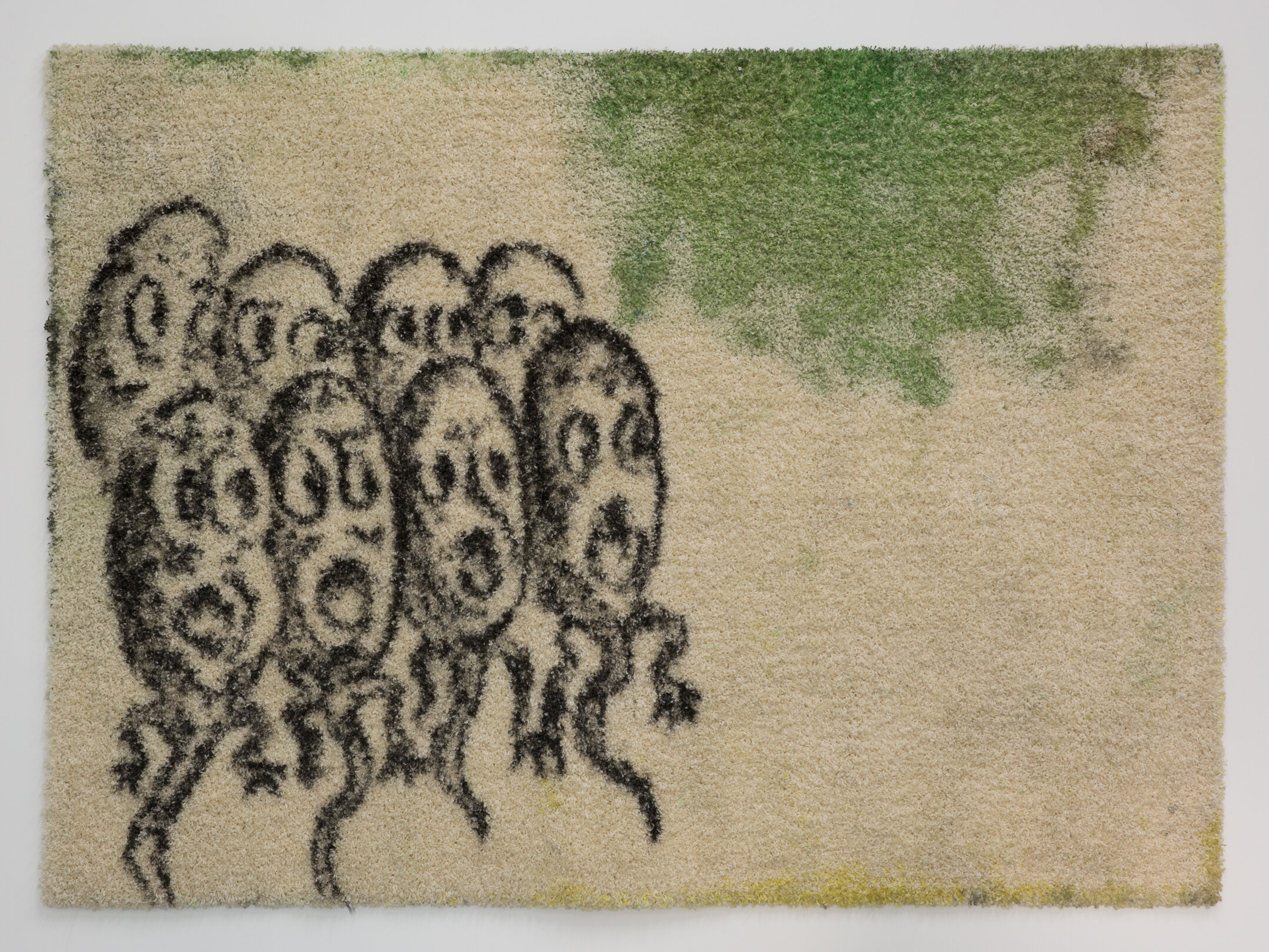 Brook Hsu, A Birthday Carol., 2019 Ink and acrylic on carpet. 60 x 84 in 152.4 x 213.4 cm