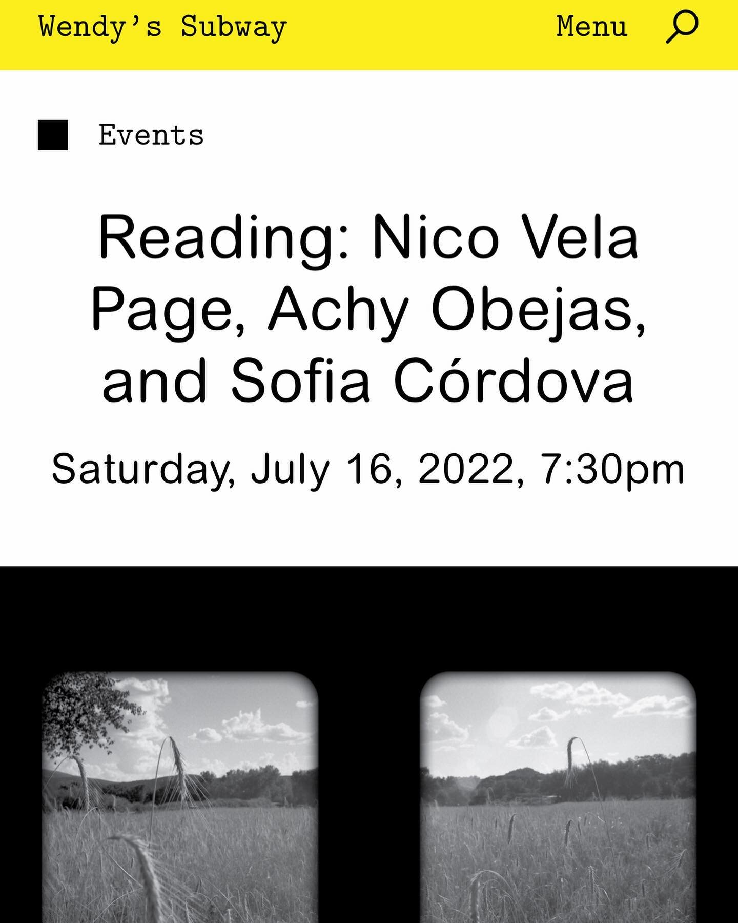 TONIGHT: in advance of Nico Vela Page's forthcoming Americ&oacute;n, out in August @wendyssubway presents:
⁠
Saturday July 16 at 7:30pm PT ⁠
San Francisco at Et al. books. 
⁠
Join us to celebrate with readings and video work by Nico Vela Page @nicove
