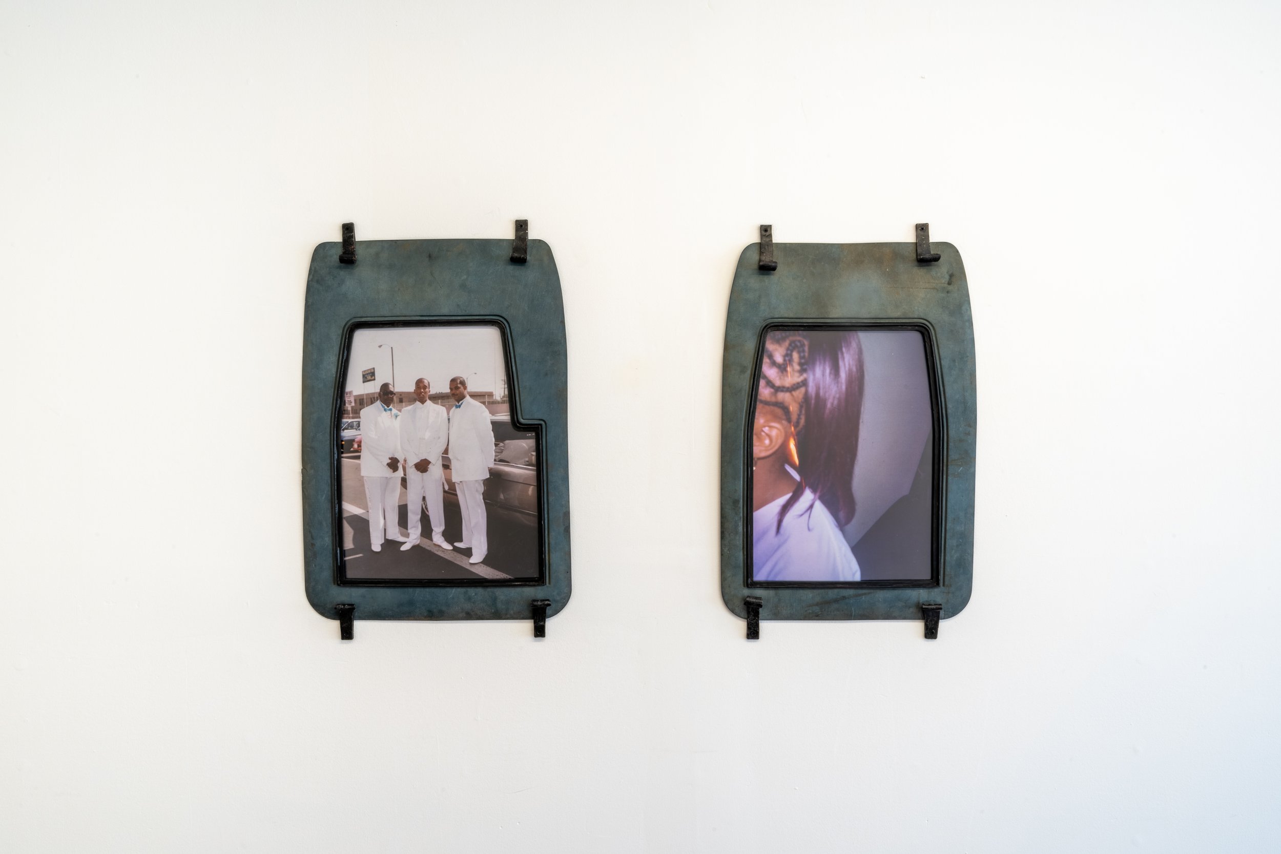  Y. Malik Jalal  Let me hold something (1 &amp; 2) , 2023 Found automotive floor mats, forged steel, found photography, acrylic 20 x 30 inches 