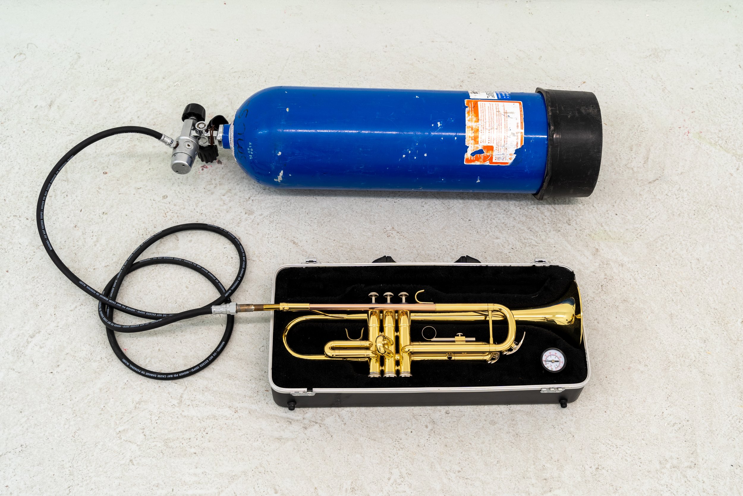  Gozié Ojini  Untitled (Exhale) , 2023 Trumpet, rubber hose, altered case, regulator, steel tank 