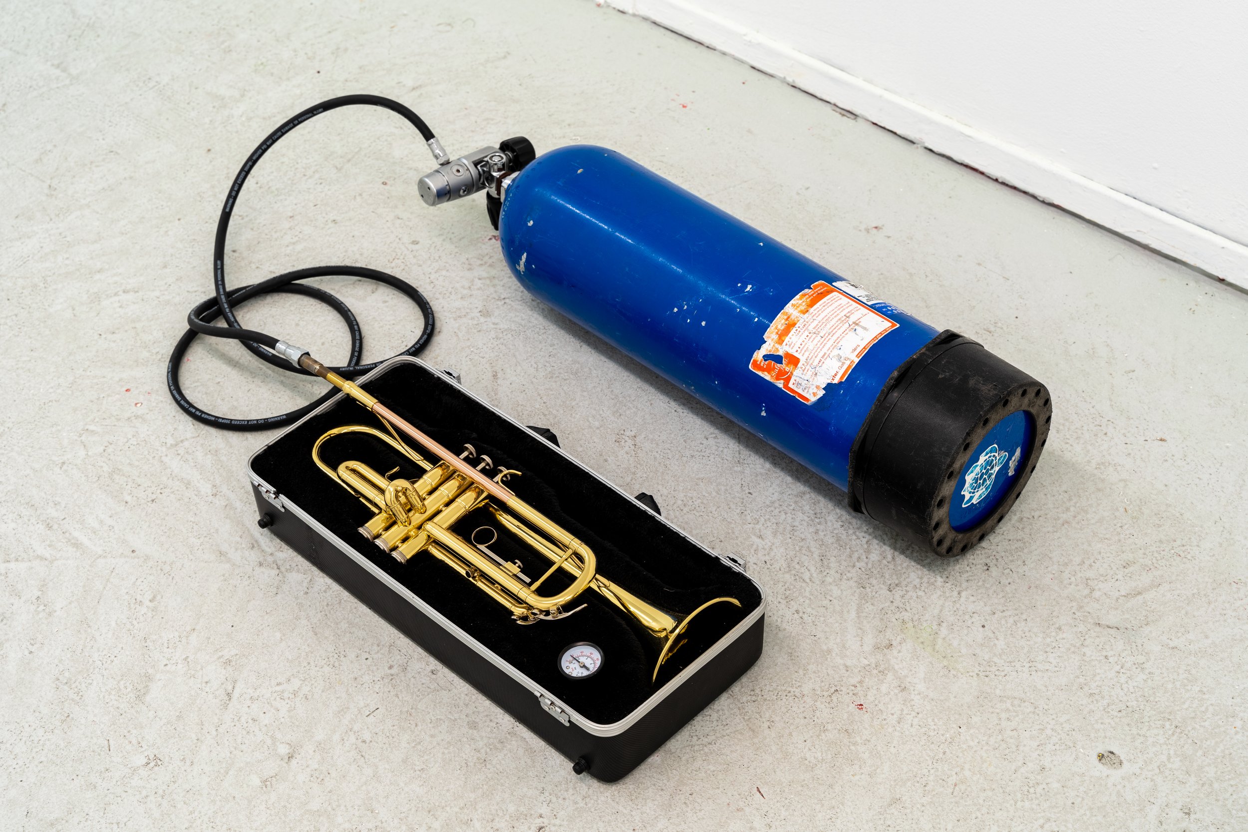  Gozié Ojini  Untitled (Exhale) , 2023 Trumpet, rubber hose, altered case, regulator, steel tank 