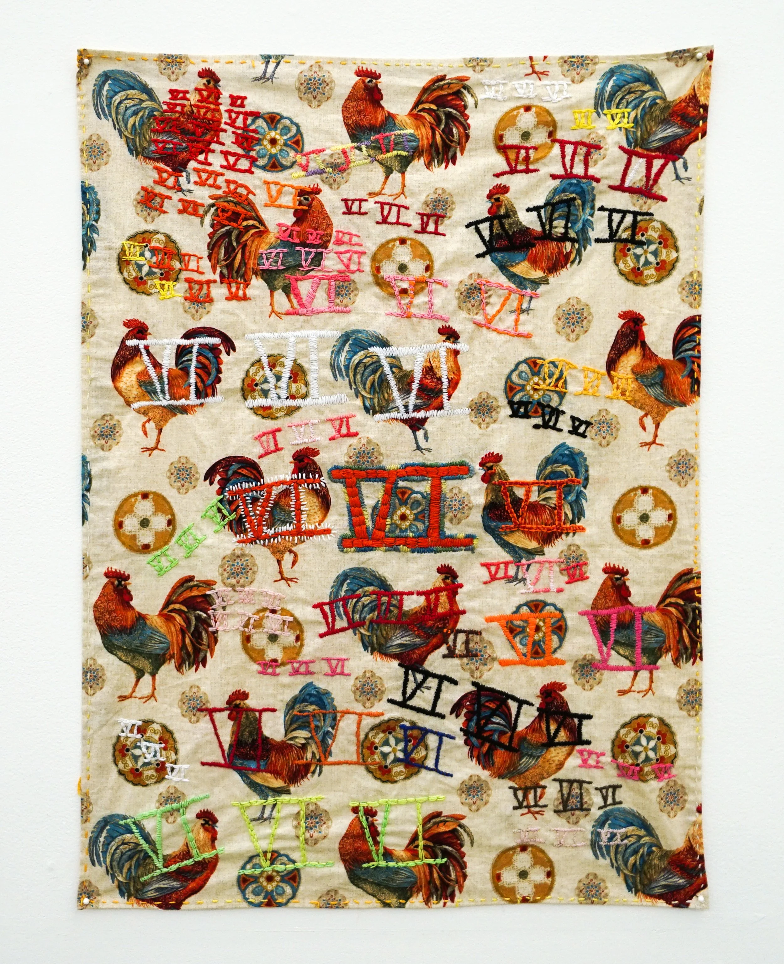  Kate Rhoades  VI VI VI , 2025 Found fabric, embroidery floss 18 x 26 inches 