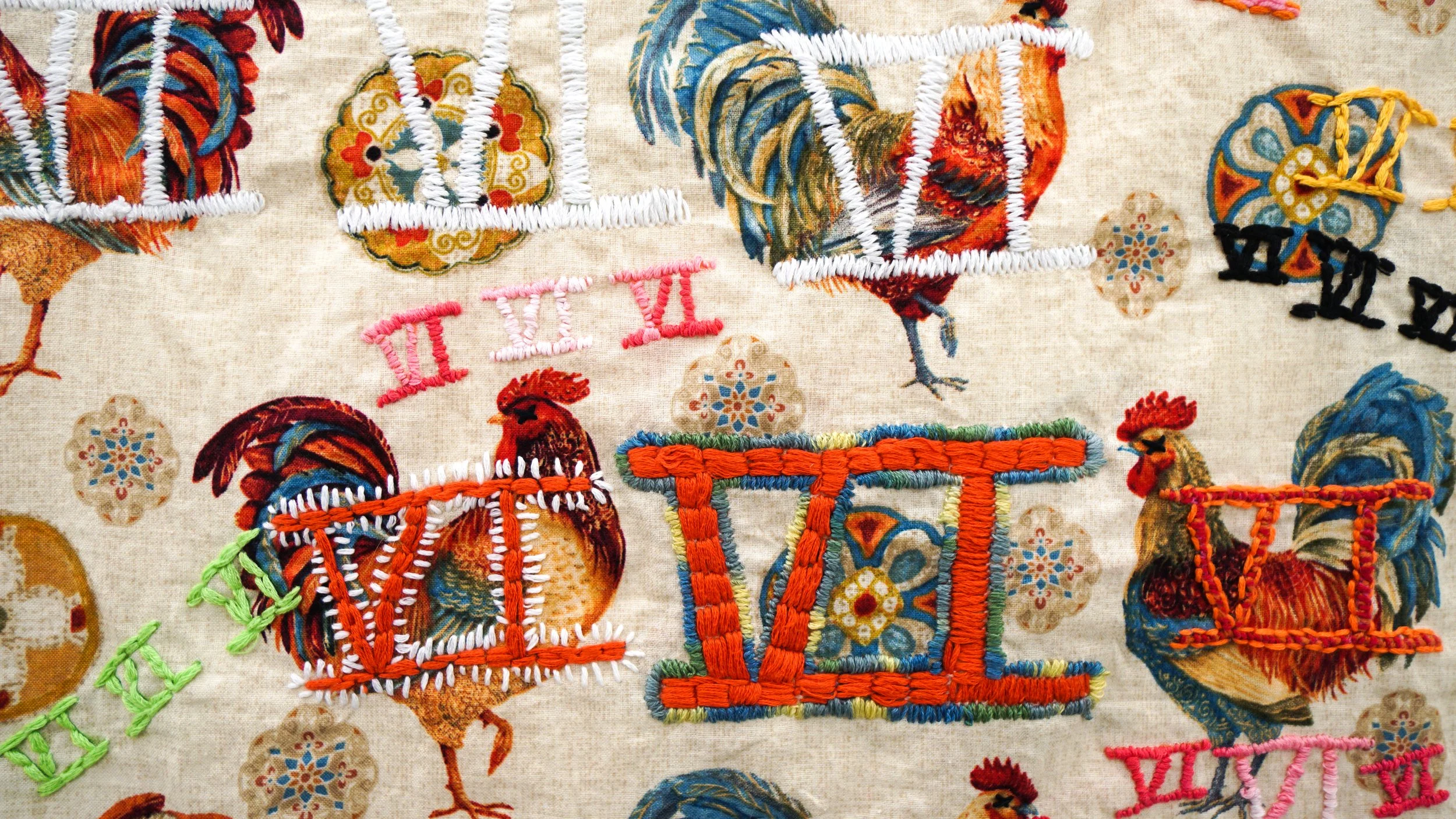  Kate Rhoades  VI VI VI , 2025 (detail) Found fabric, embroidery floss 18 x 26 inches 