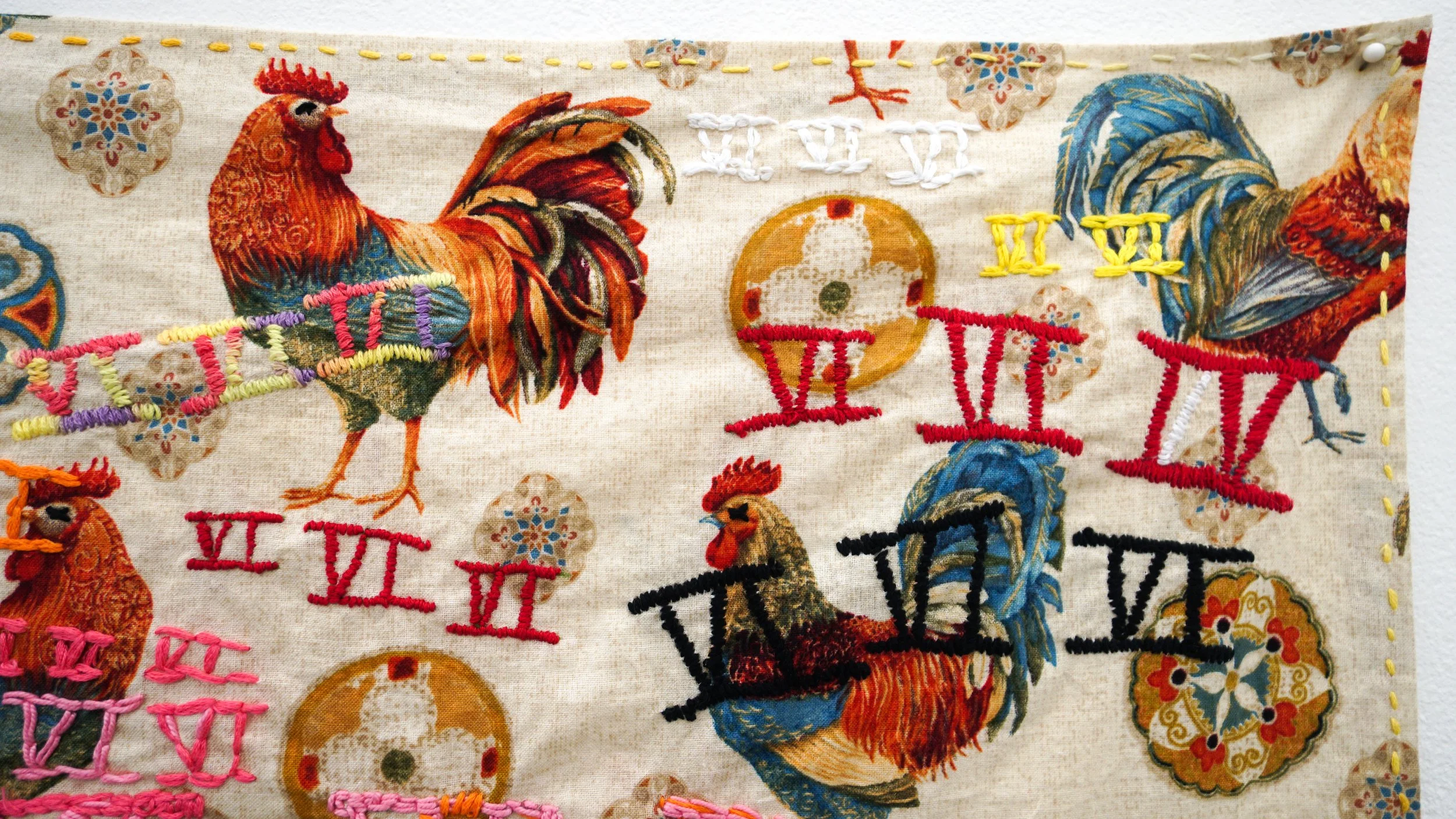  Kate Rhoades  VI VI VI , 2025 (detail) Found fabric, embroidery floss 18 x 26 inches 