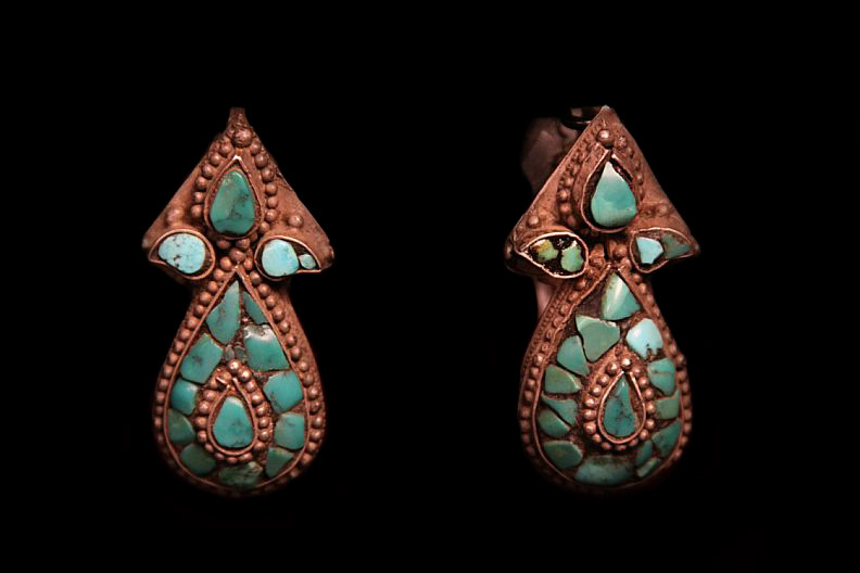 Mid 20th Century Tibetan women silver earrings. Note turquoise stone inlays. Tibet.jpg