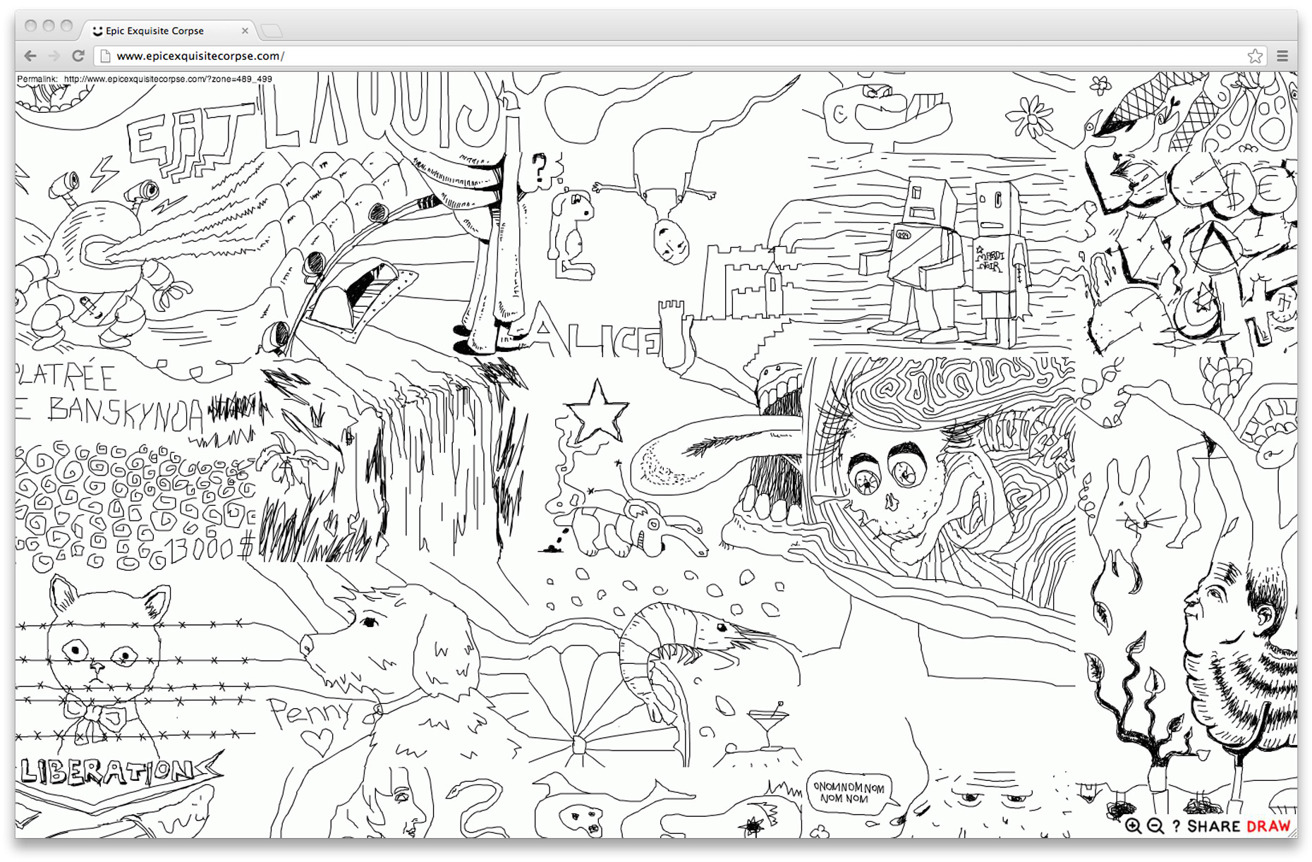 Each contributor is given a space and adds to the whole artwork by starting his drawing from the edges of the existing ones.