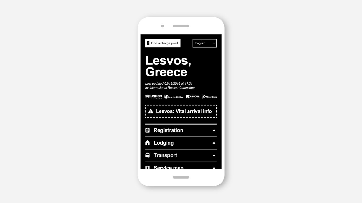 It’s powered by Google Docs, a tool NGOs are familiar with, making it easy for them to update the vital information on the ground as quickly as possible. We designed the site to use as little data and battery power as possible, for example, the white on black design uses up to 40% less battery.