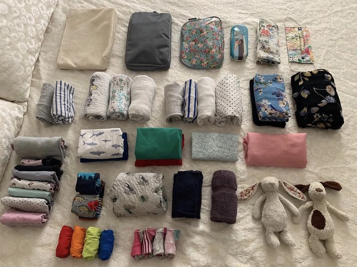 Lay everything out in categories to pack your suitcase