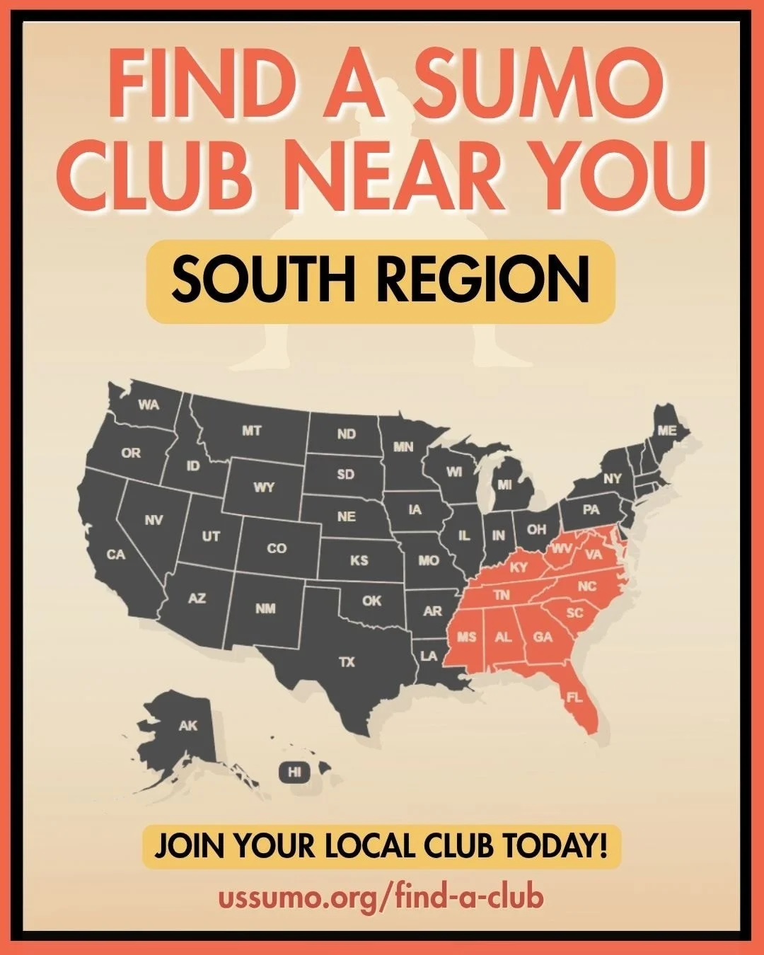 FIND A SUMO CLUB NEAR YOU &mdash; SOUTH REGION 🔥

Sumo is growing across the South! From Mississippi and Alabama through Tennessee, Georgia, Florida, and the Carolinas, clubs are building strong, welcoming communities rooted in discipline, respect, 