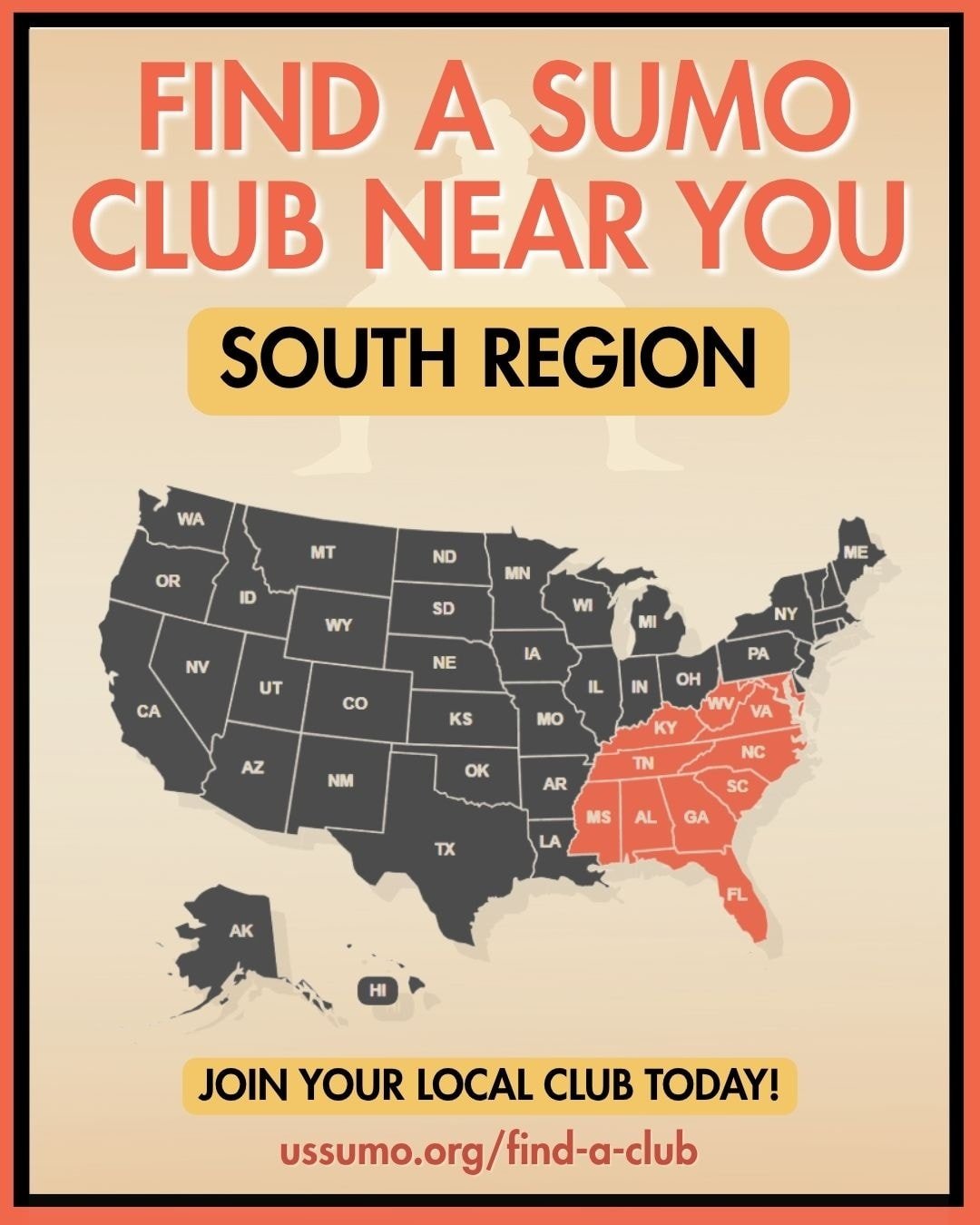 FIND A SUMO CLUB NEAR YOU &mdash; SOUTH REGION 🔥

Sumo is growing across the South! From Mississippi and Alabama through Tennessee, Georgia, Florida, and the Carolinas, clubs are building strong, welcoming communities rooted in discipline, respect, 