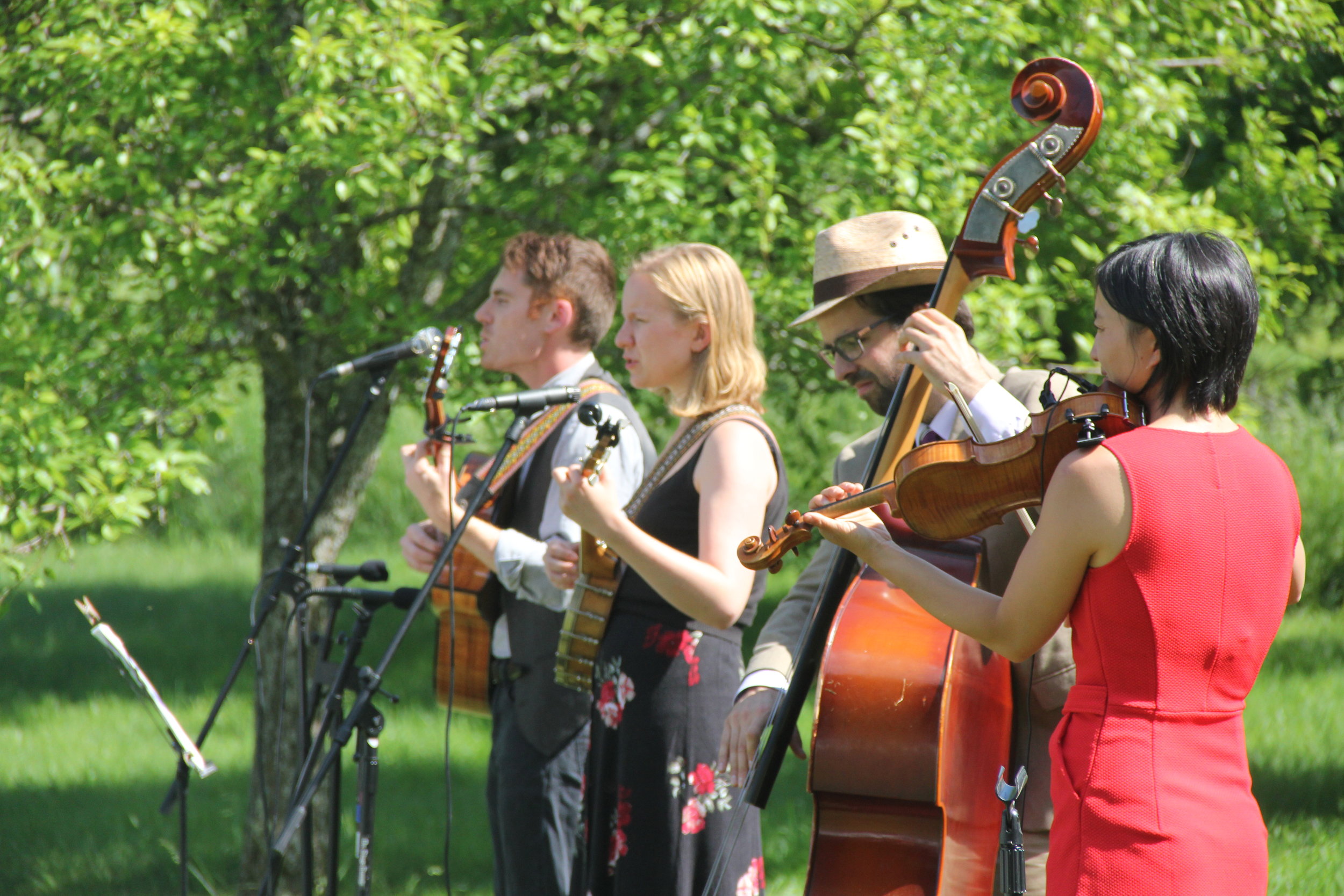 Musicians playing outside of the barn in the summer
