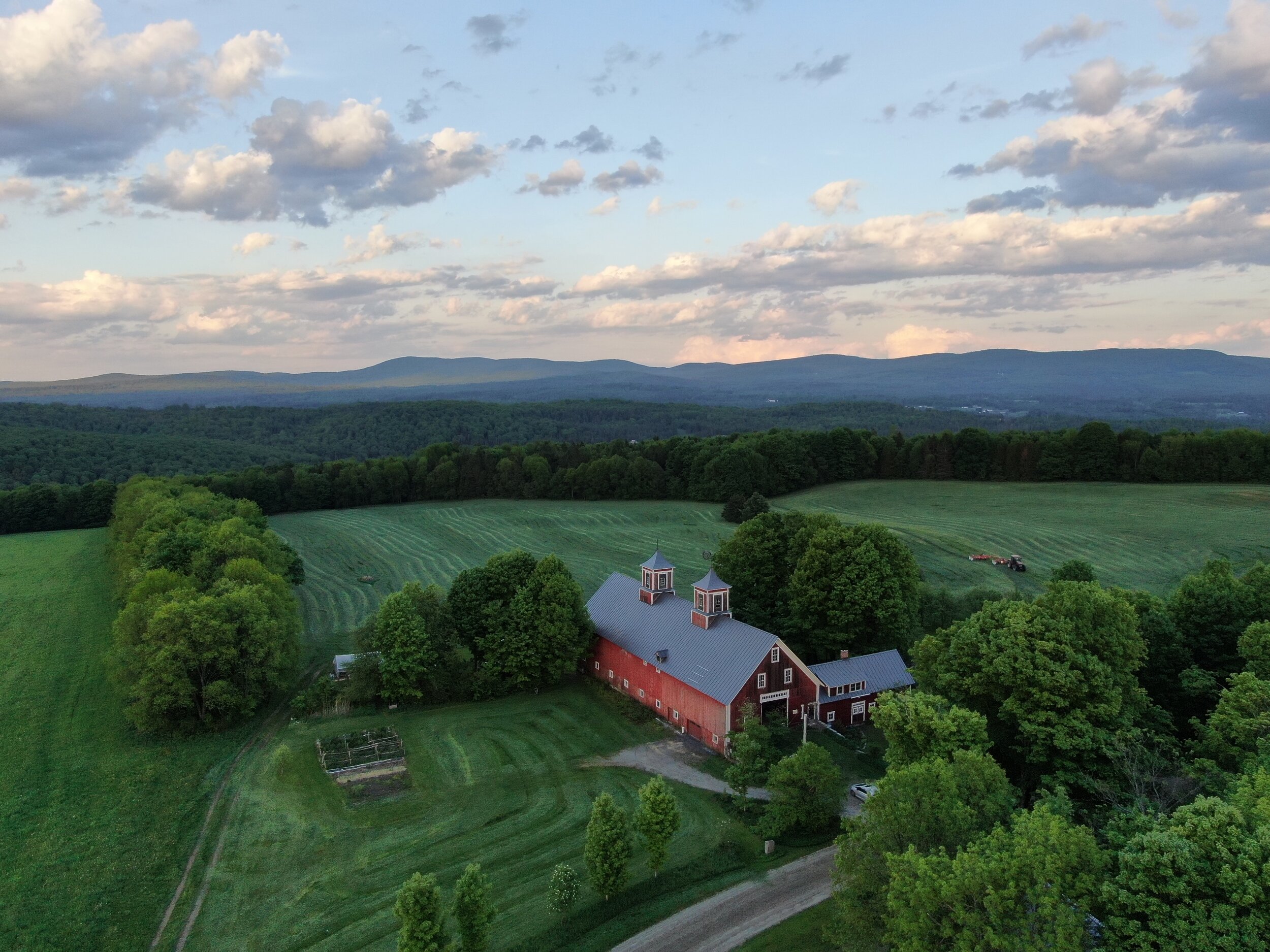 An evening aerial shot of Turning Stone Farm