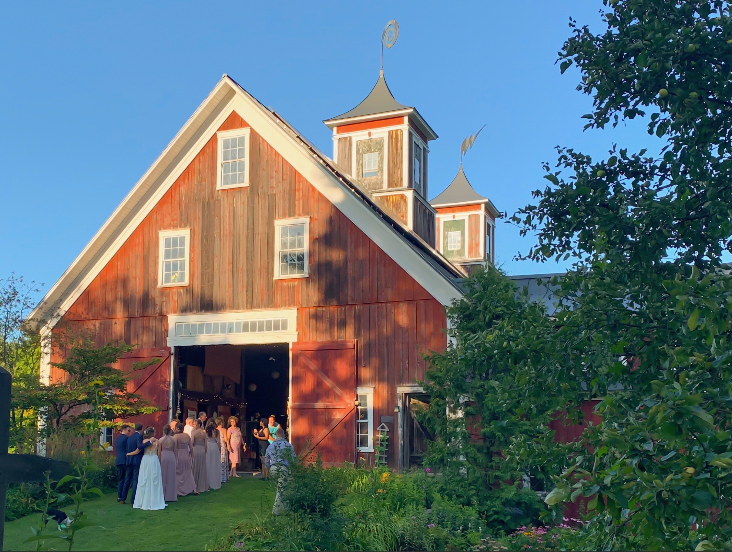 A bride and Groom and their wedding party heading into their reception in a red barn