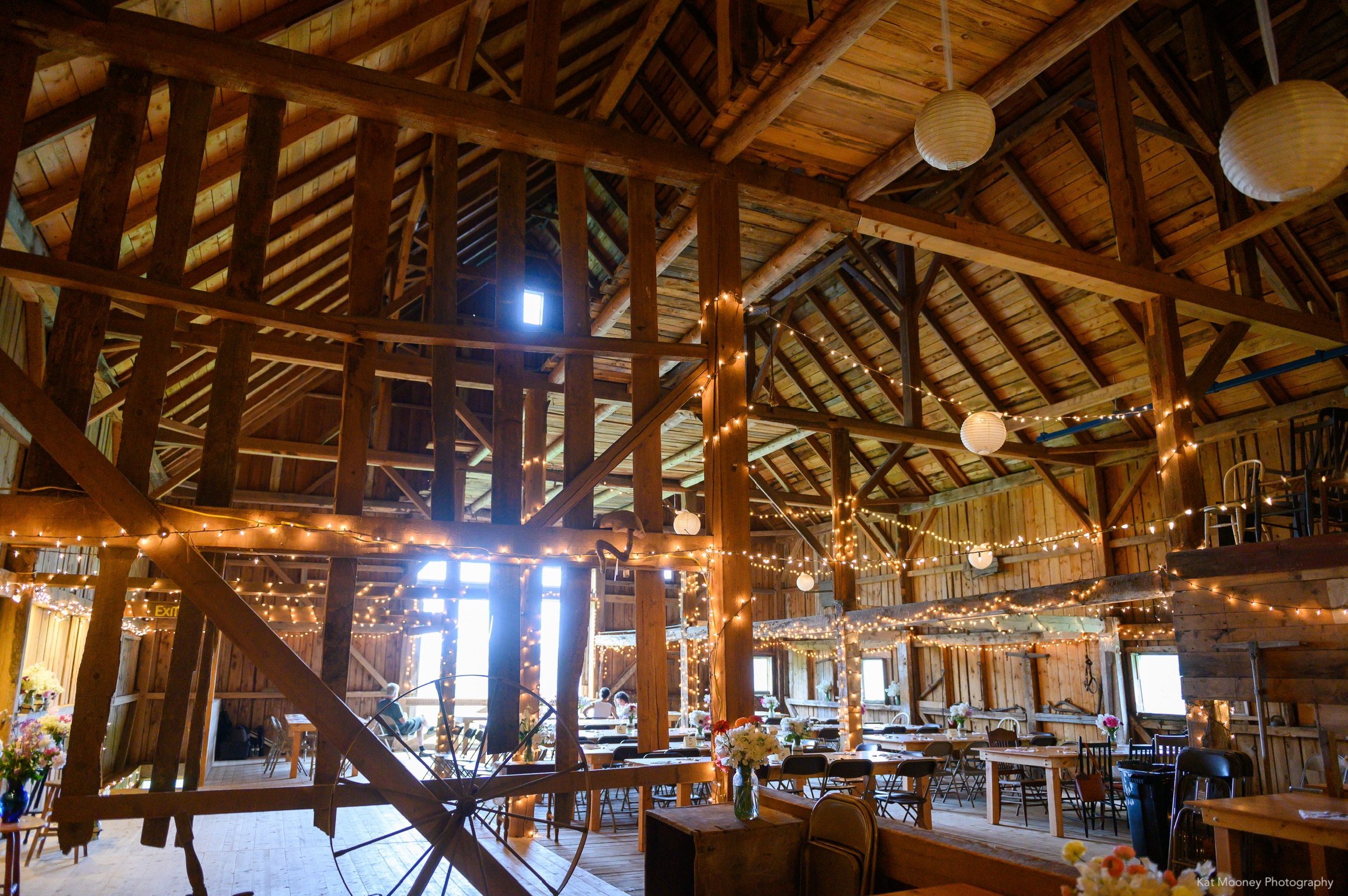 Twinkle lights light up the barn for a wedding reception