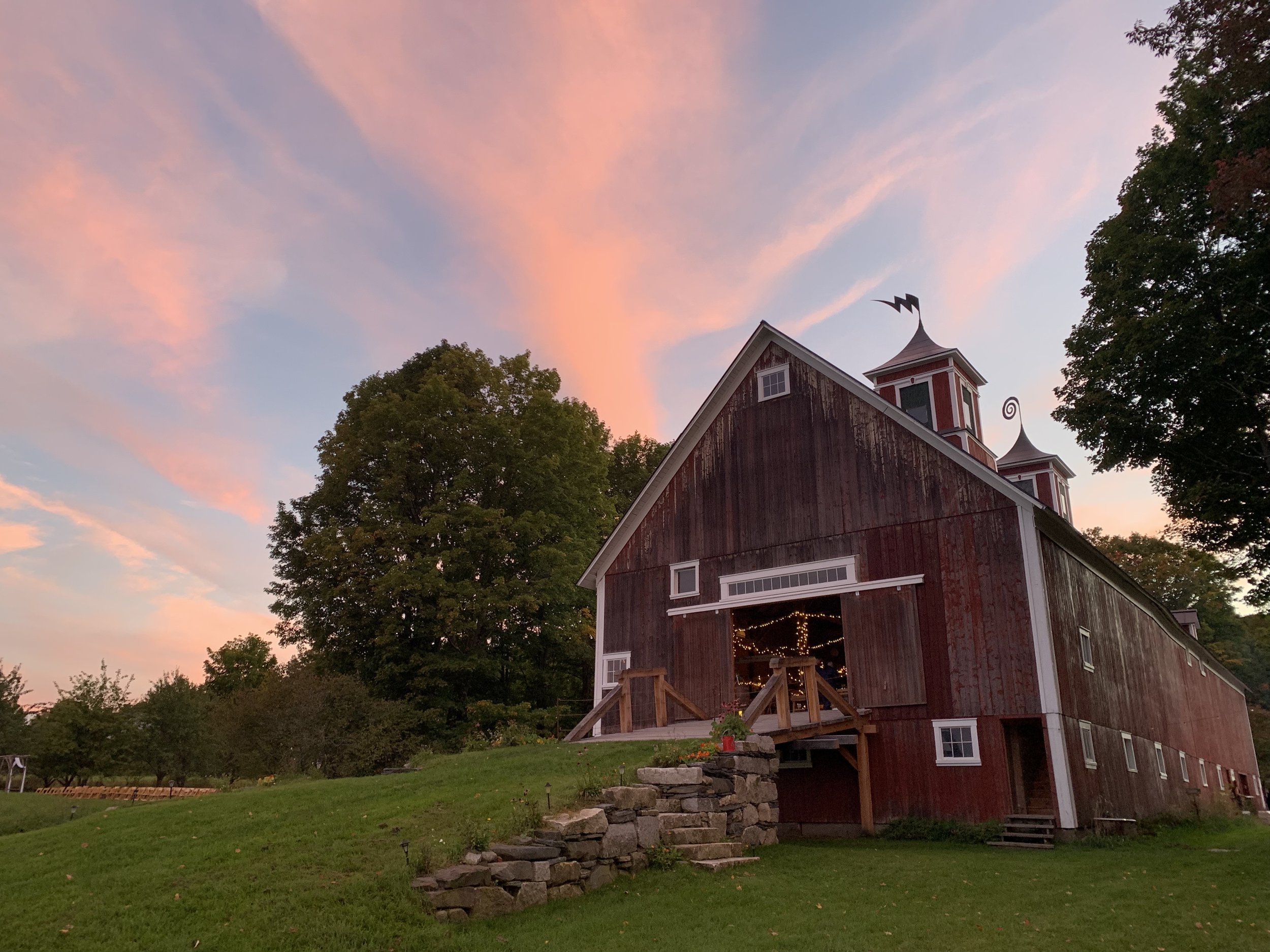 The back of the barn at Turning Stone Farm at sunset