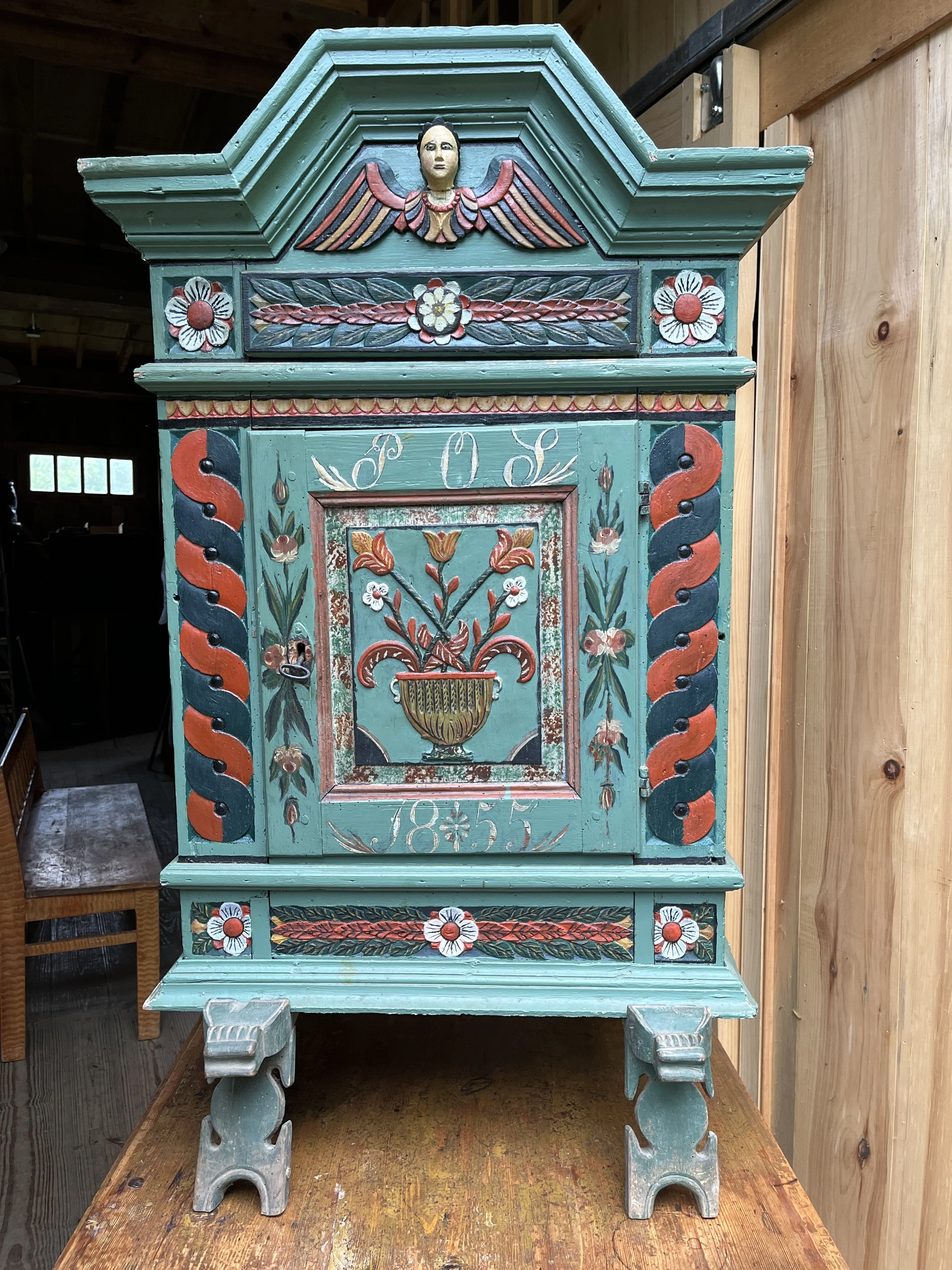  Scandinavian Angel Cupboard 19th C. painted pine — hanging or table top. Angel Cupboards were typical folk art from Skane district in Sweden.  37” H to top of crown; 26” widest at crown;  16” deep.    F-56 $2,800.00  