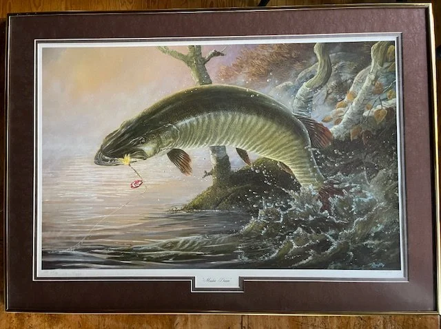  Terry Doughty signed print “Muskie Dawn” 28/50.  Professionally matted and framed 31 1/4” x 22 1/4”  $150 each  A-11. All four $500 