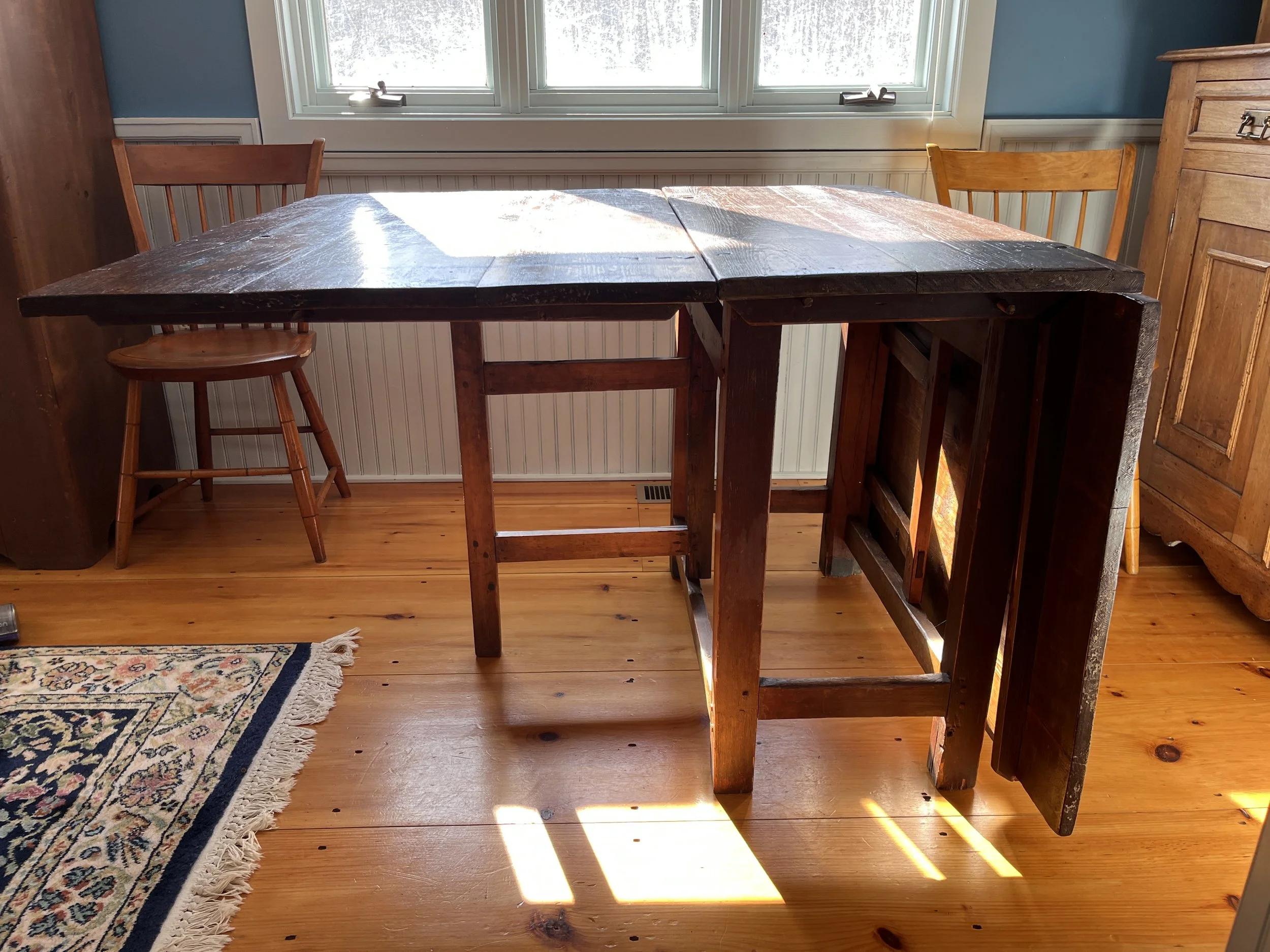  One leaf out: measures 40” w x 44 1/2” deep x 29 3/4” high. 