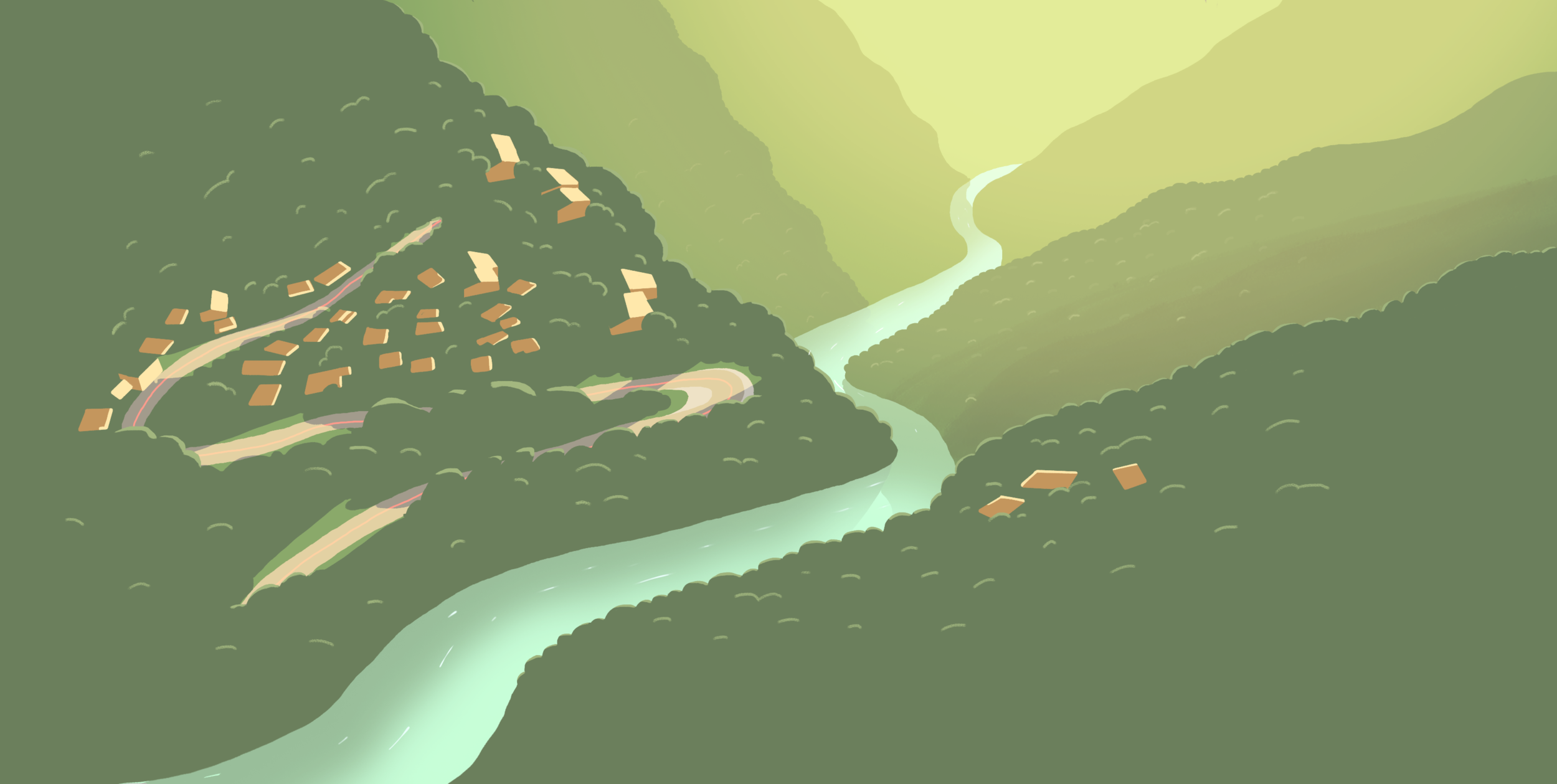 The scene's backdrop. Inspired by the Google Earth image I showed earlier. I illustrated a lot more here than I needed, but this stuff is just too much fun.