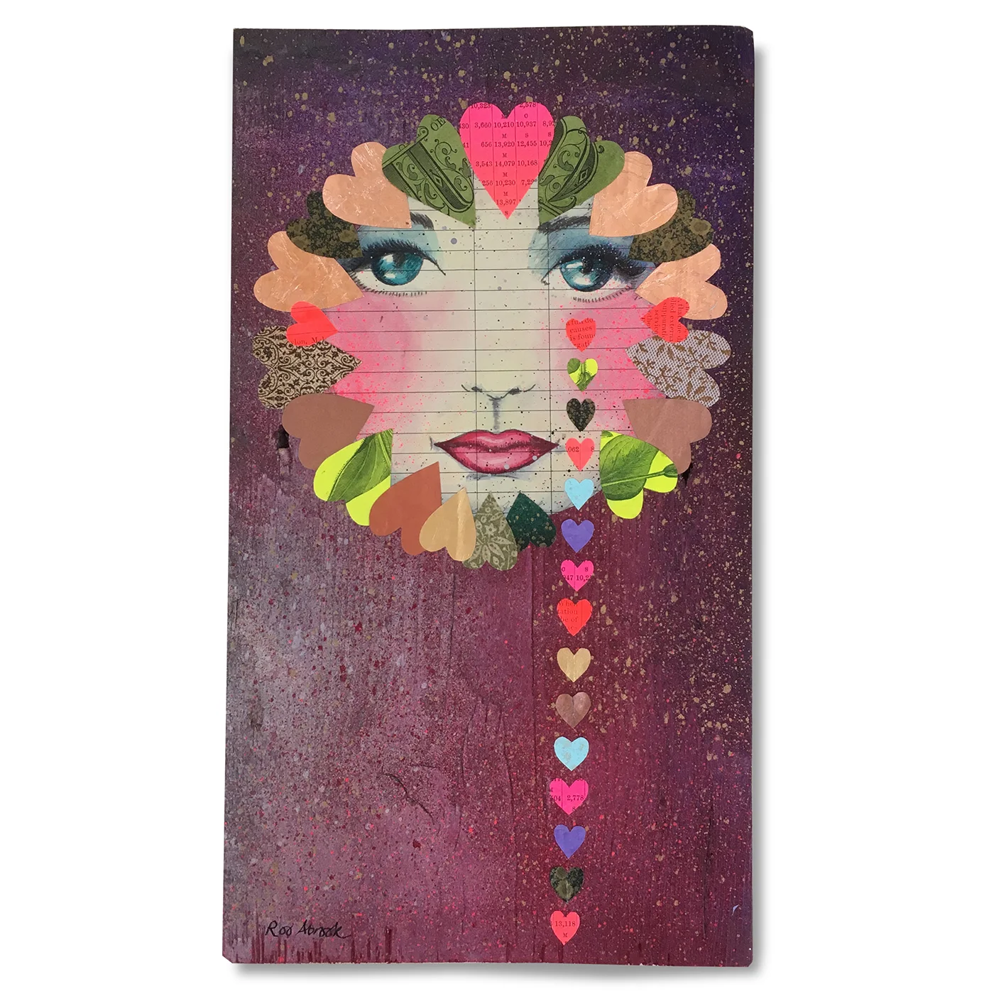 'Whole Lotta Love' Collage on wooden panel, uses acrylic paints, spray paints, vintage book pages, neon paint, rose gold leaf, antique papers. Available from the Shop