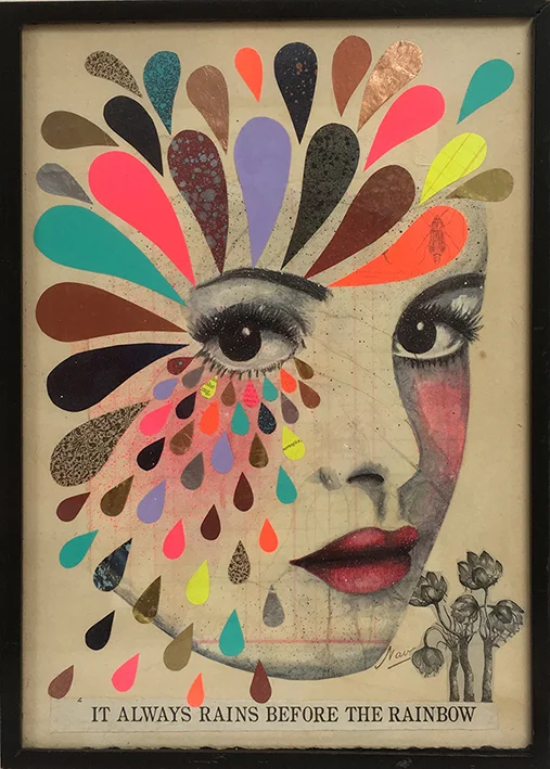 Roo Abrook - It Always Rains Before The Rainbow Collage - watercolour pencil, found antique papers, spray paints, acrylics and gold leaf.