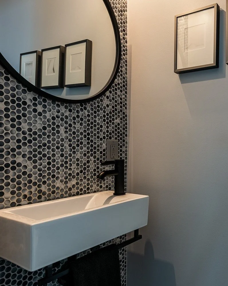 There's no "before" shot of this powder room&mdash;because it never existed.

In this ground floor renovation, the client insisted on having a powder room.
It seemed impossible.
But Tight House delivered.

We carved out just enough space fr