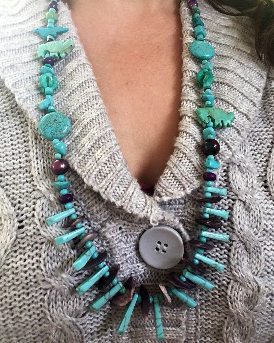Native American Wampum and Turquoise Long Spike Necklace