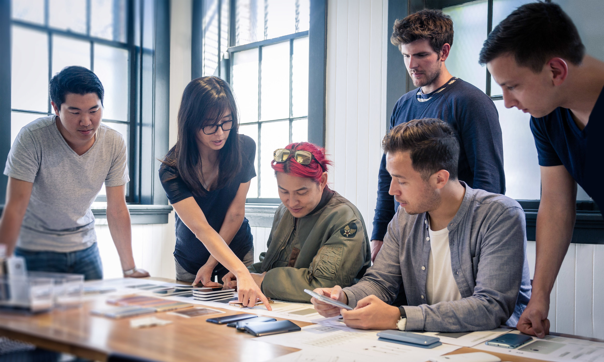 L to R: Lawrence Fong, Catherine Kim, Ten Arunanondchai, Ben Avery, Hannes Harms, Mathias Hintermann