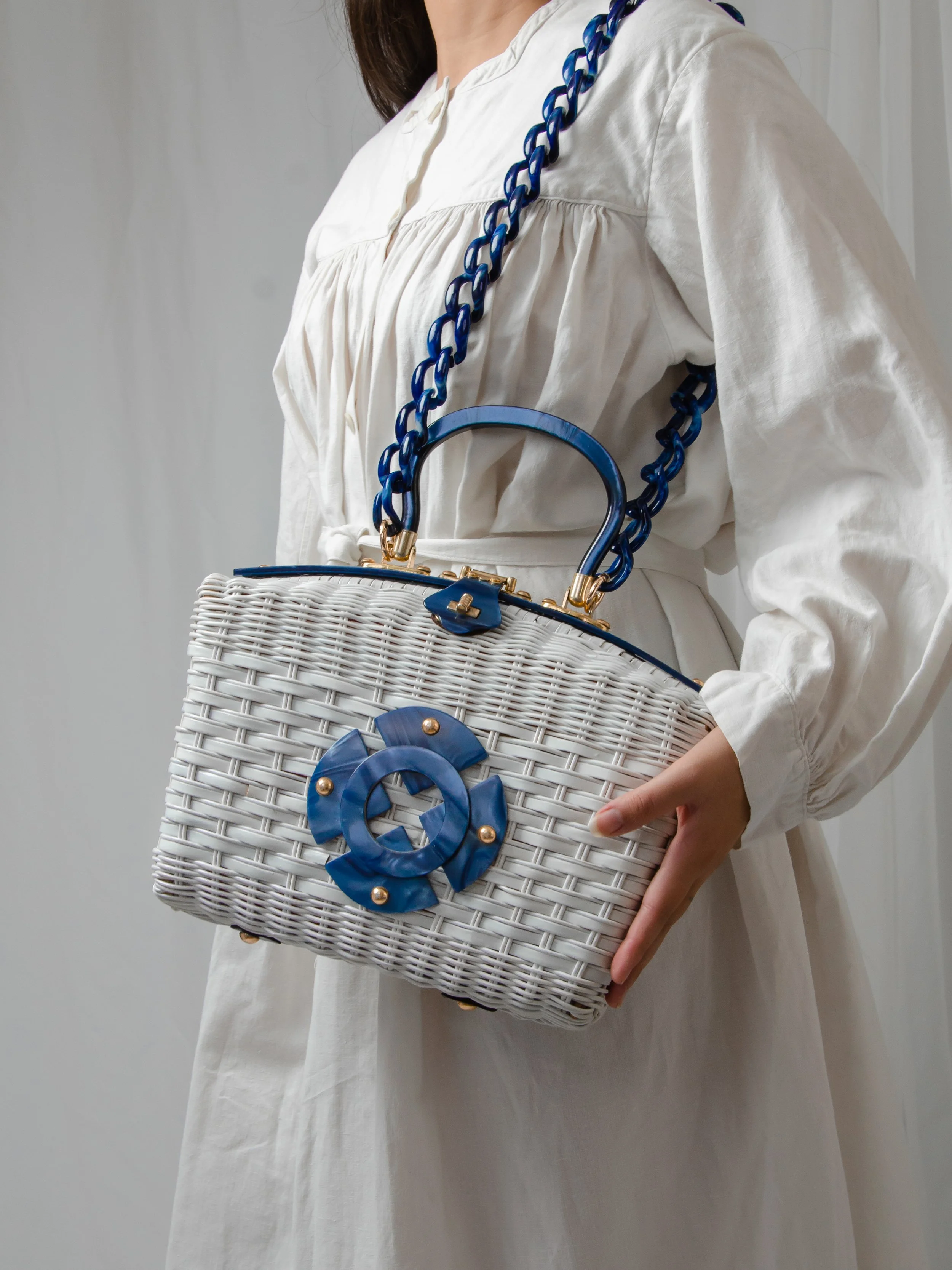 50s Wicker + Blue Lucite Purse
