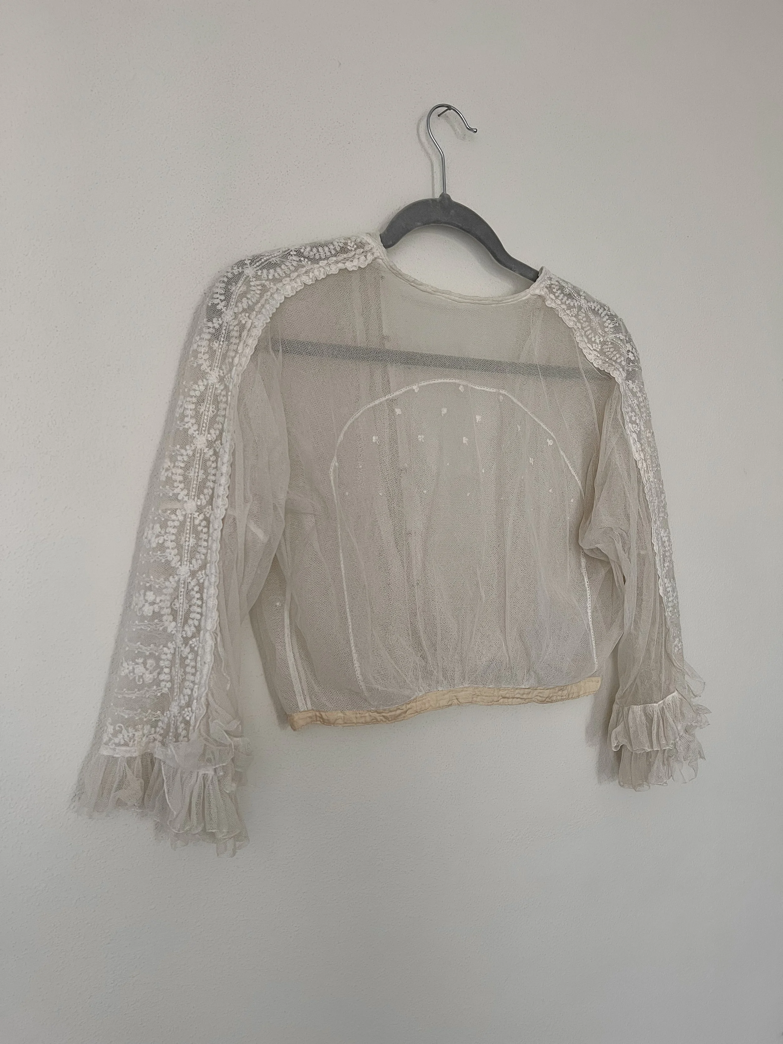Back view of the Edwardian sheer net blouse on a hanger, showing embroidered sleeves and ruffled cuffs.