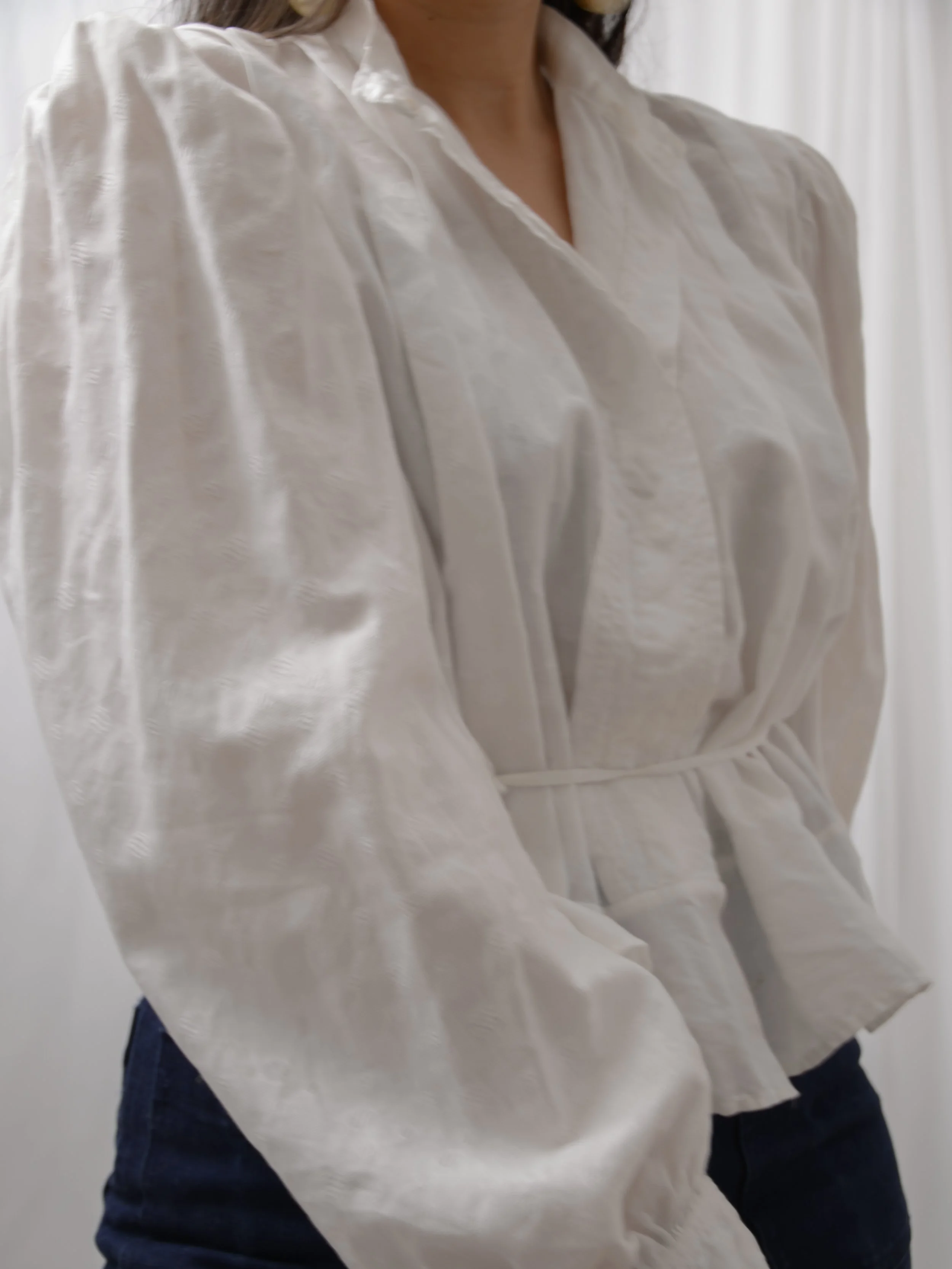 Close-up of the Edwardian blouse's woven dot cotton and full puffed sleeve.