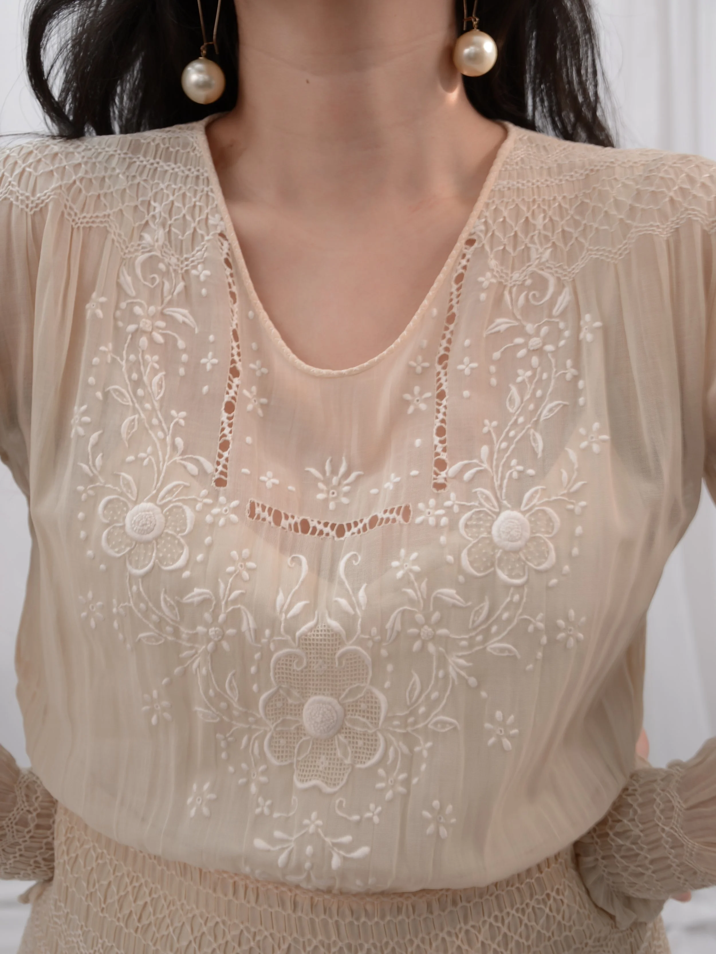 Close-up of the 1920s Hungarian dress bodice, showing the scoop neck and elaborate white floral embroidery.