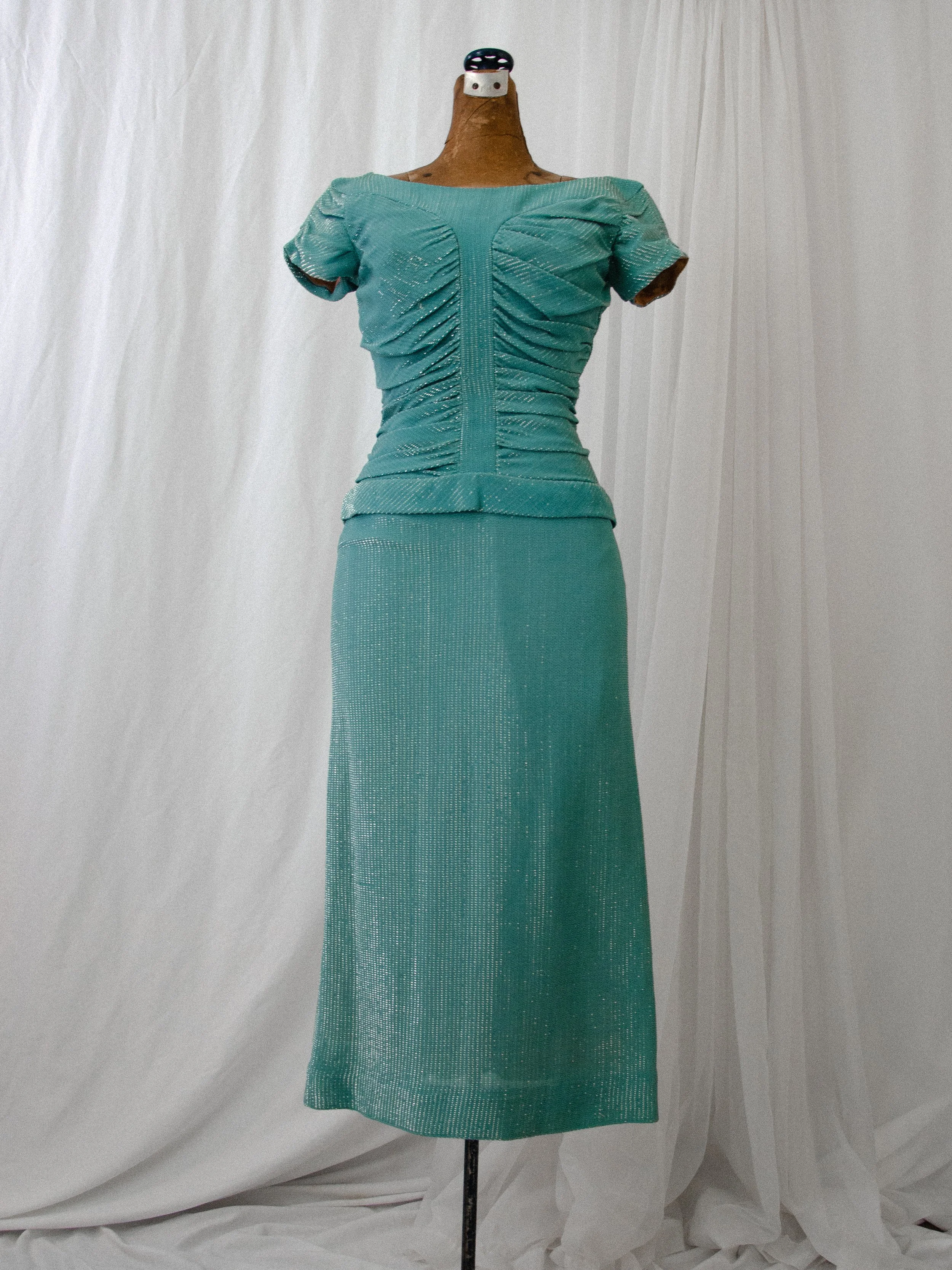 Late 40s Turquoise Lamé Dress (XS)