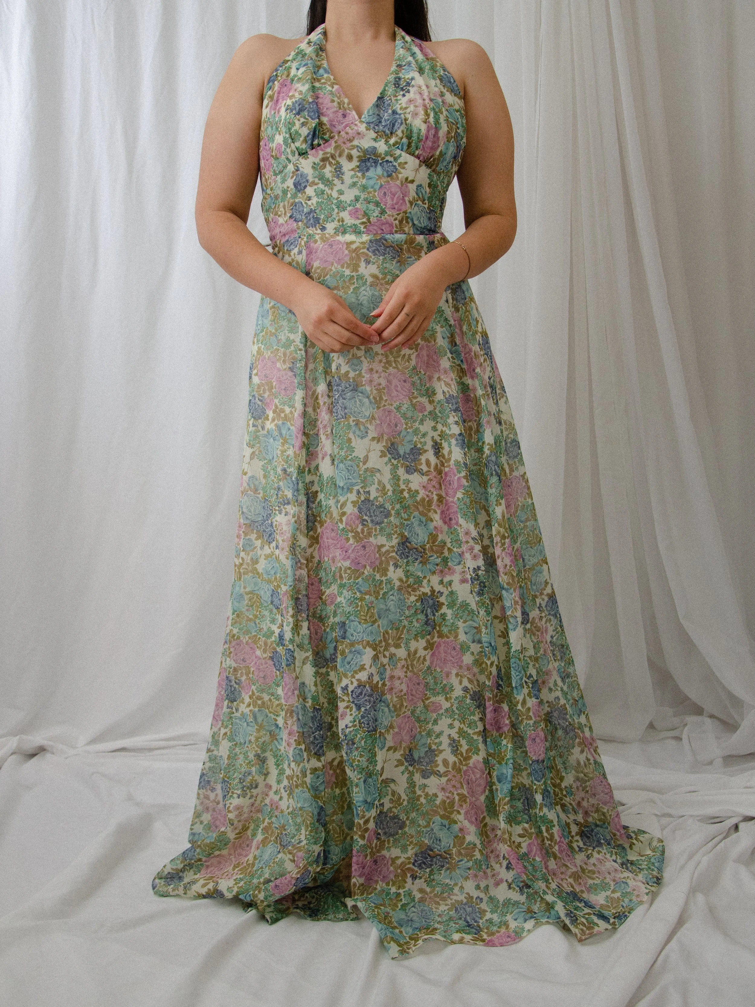 70s Floral Halter Maxi Dress (S/M)